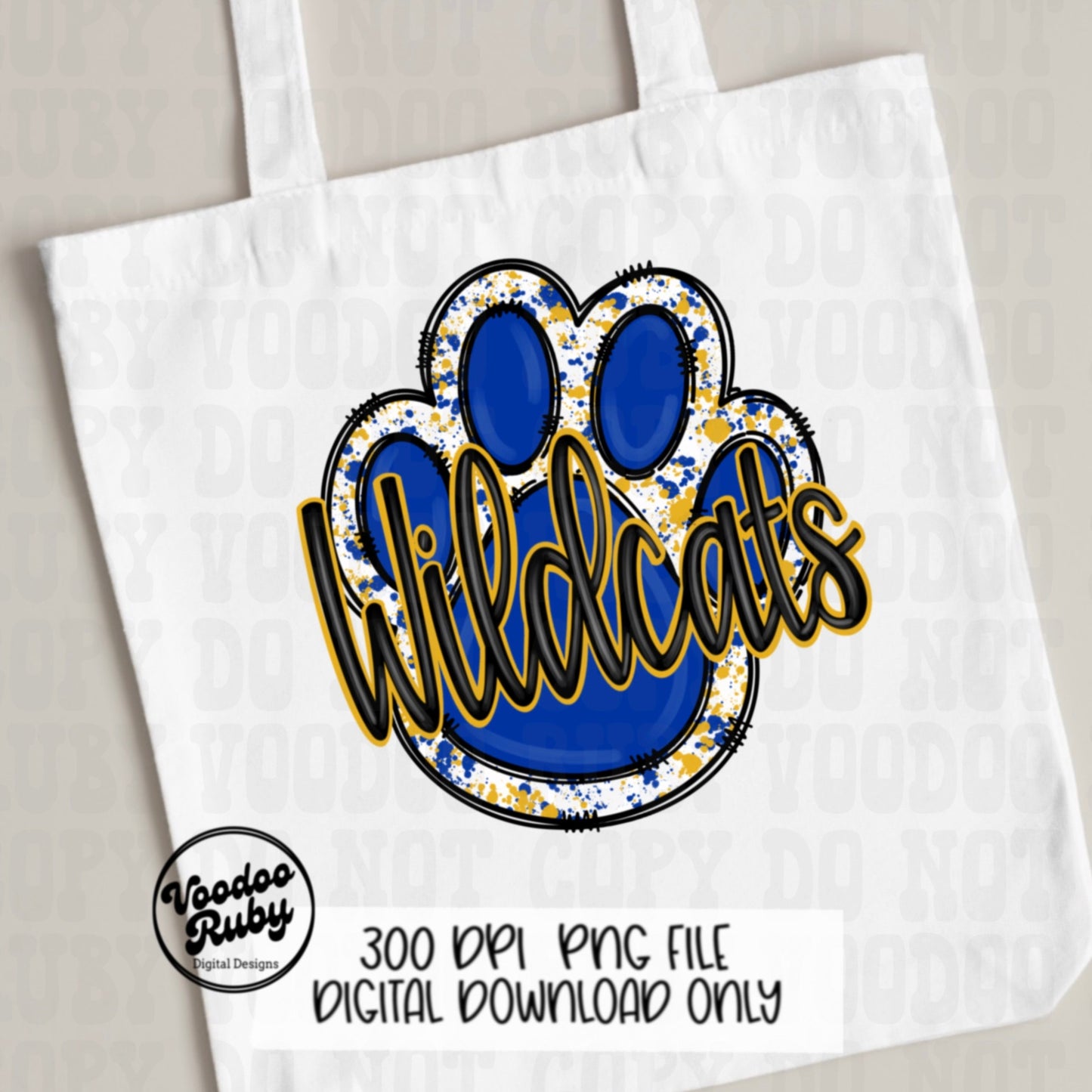 Wildcats PNG Design Hand Drawn Digital Download Sublimation Football PNG Blue Gold Wildcats Paw Print DTF Printable Clip Art