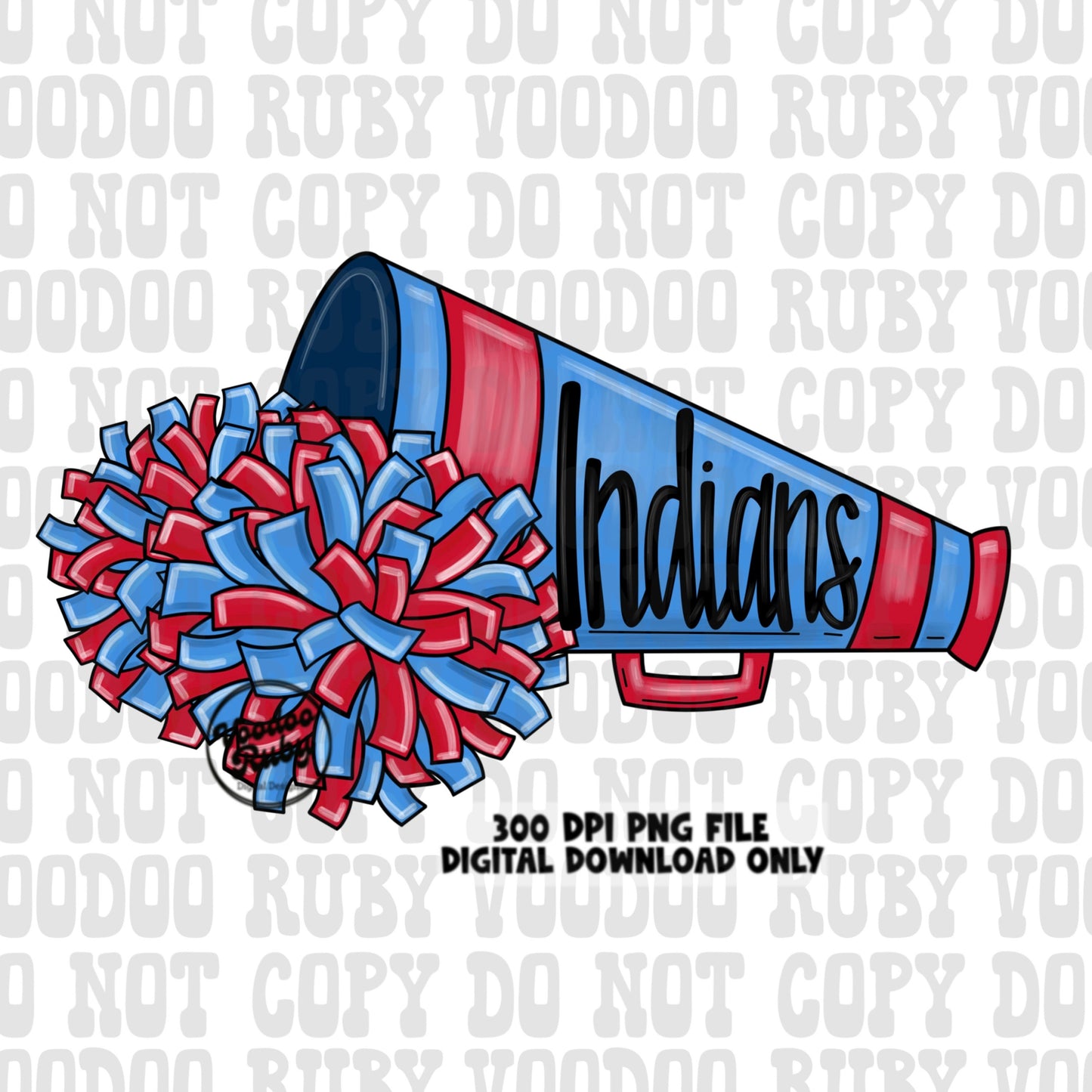 Indians Cheer PNG Design Sublimation Hand Drawn Digital Download Football PNG Blue Red Indians png Cheerleader Clip Art Megaphone Sublimation DTF