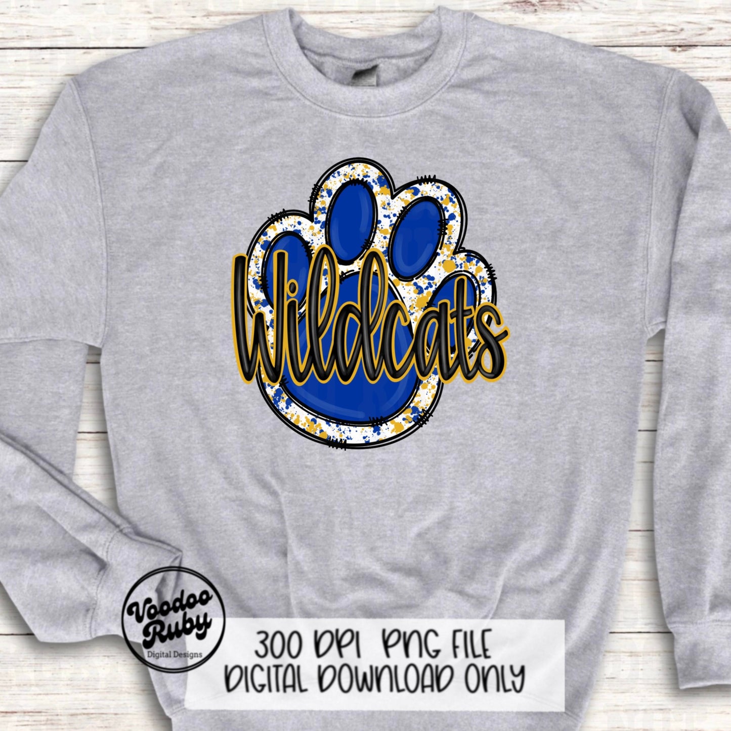 Wildcats PNG Design Hand Drawn Digital Download Sublimation Football PNG Blue Gold Wildcats Paw Print DTF Printable Clip Art