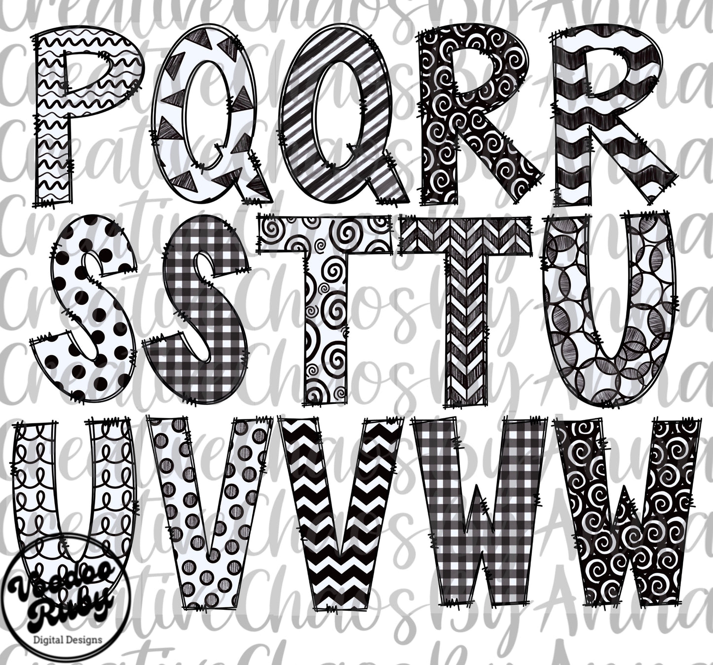Black White Doodle Letters PNG Alphabet Bundle Hand Drawn Digital Download Doodle Alphabet PNG Sublimation Blanks DTF Printable