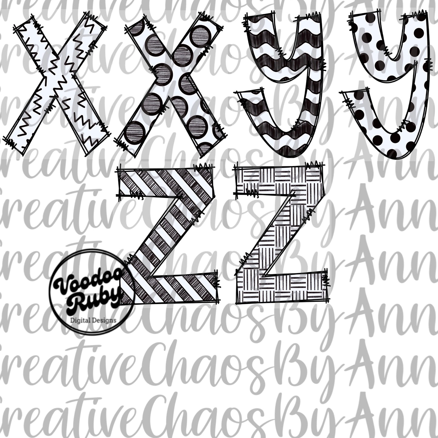 Black White Doodle Letters PNG Alphabet Bundle Hand Drawn Digital Download Doodle Alphabet PNG Sublimation Blanks DTF Printable