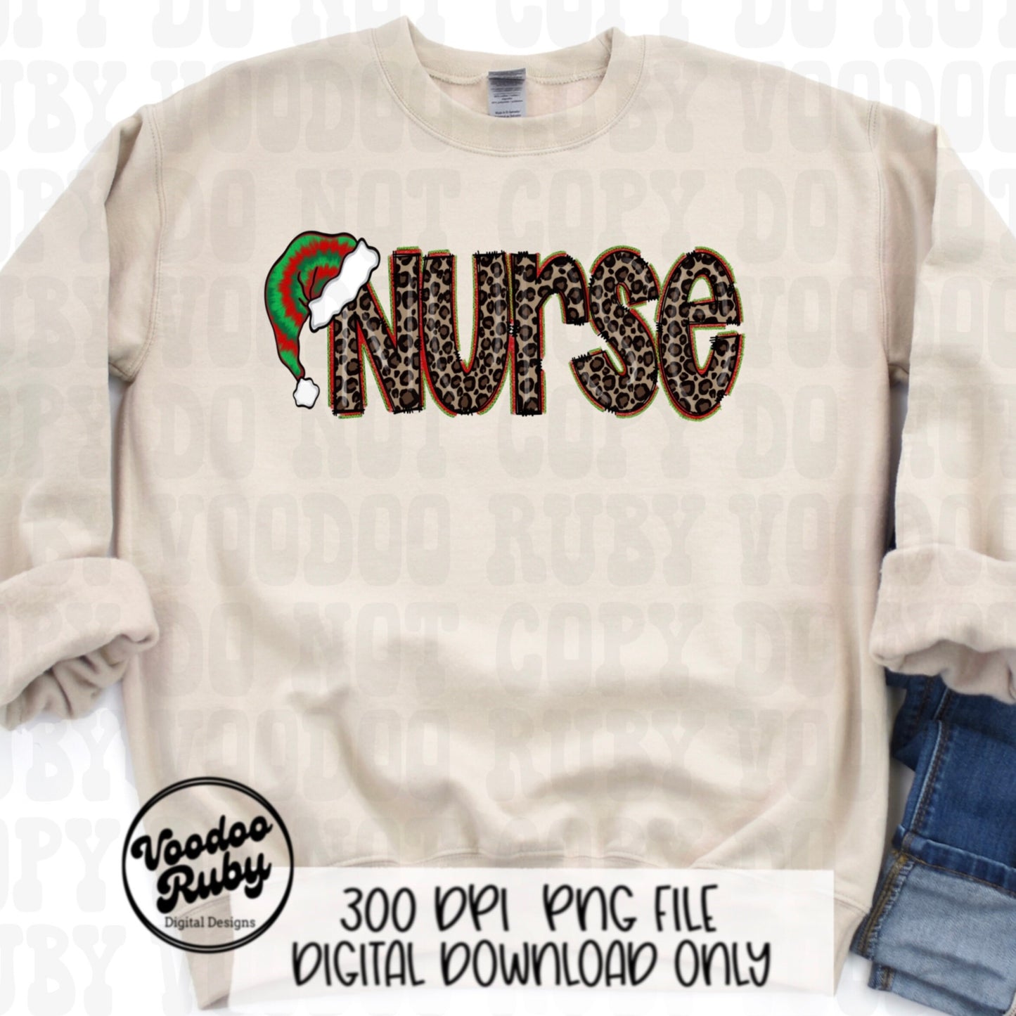 Nurse Christmas Sublimation PNG | Hand Drawn | Digital Download | Clip Art | Leopard Print PNG | Tie Dye | Santa Hat | Printable | Nurse PNG