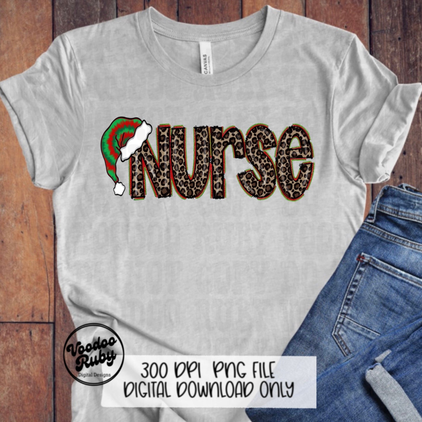 Nurse Christmas Sublimation PNG | Hand Drawn | Digital Download | Clip Art | Leopard Print PNG | Tie Dye | Santa Hat | Printable | Nurse PNG