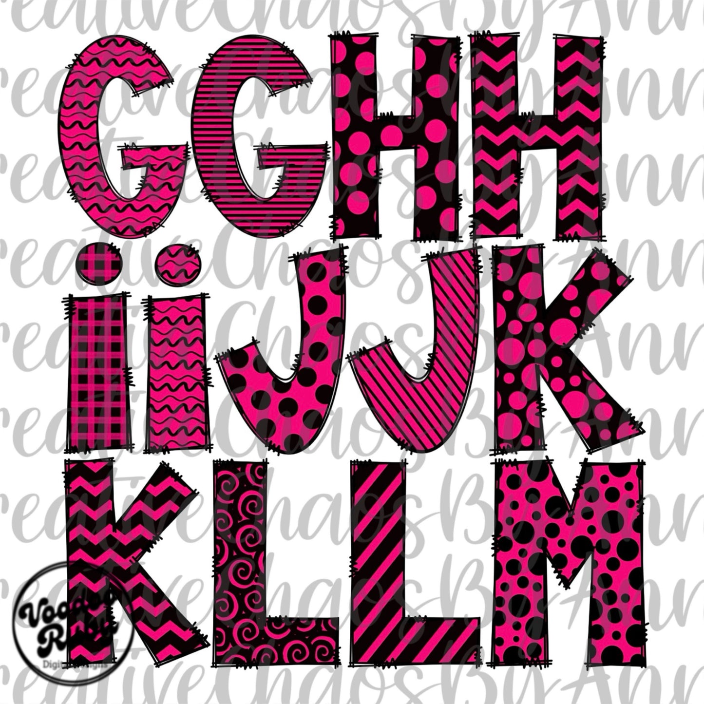 Hot Pink and Black Doodle Letters Sublimation Alphabet PNG Doodle Letters Hand Drawn Alphabet Alpha Pack Digital Download DTF Printable