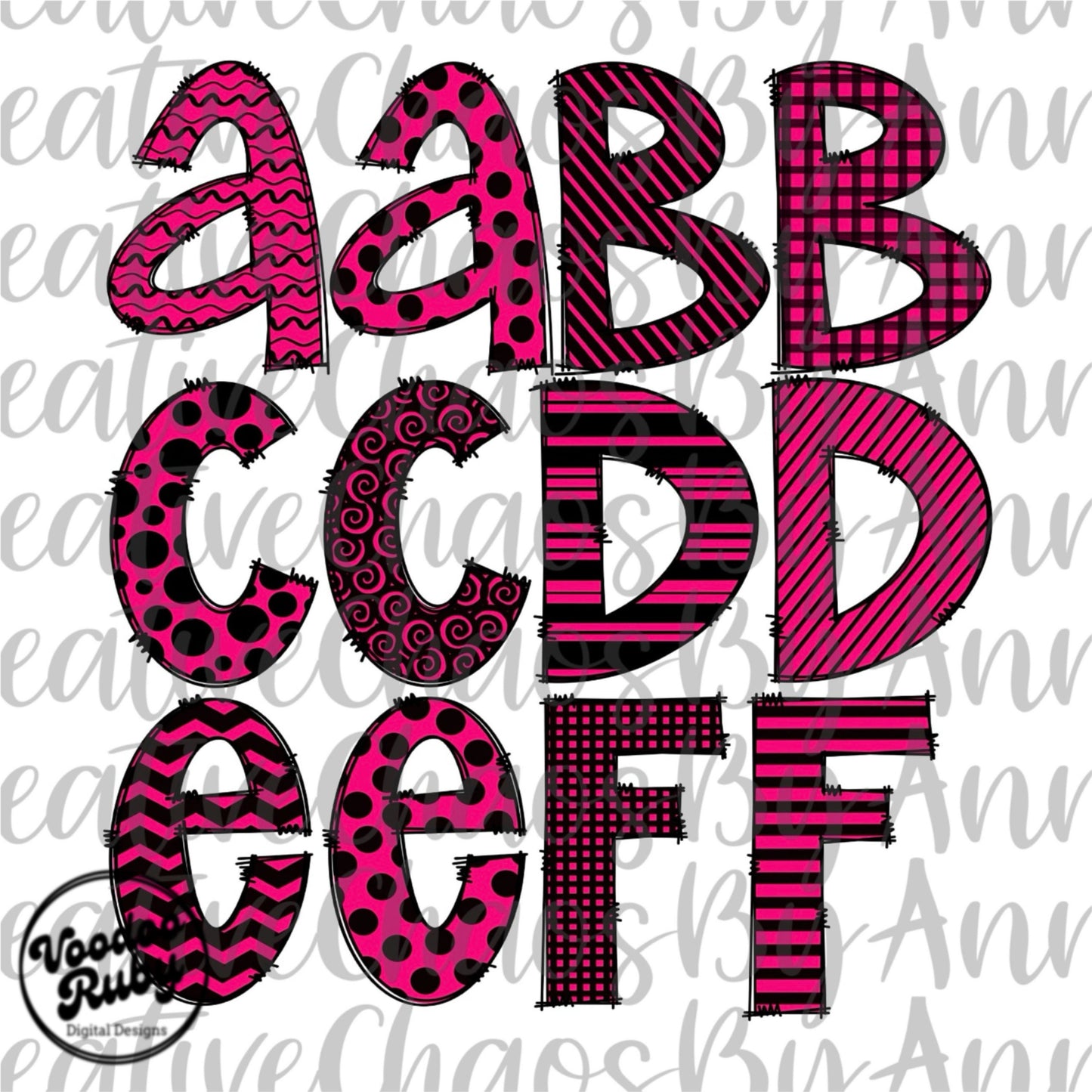 Hot Pink and Black Doodle Letters Sublimation Alphabet PNG Doodle Letters Hand Drawn Alphabet Alpha Pack Digital Download DTF Printable