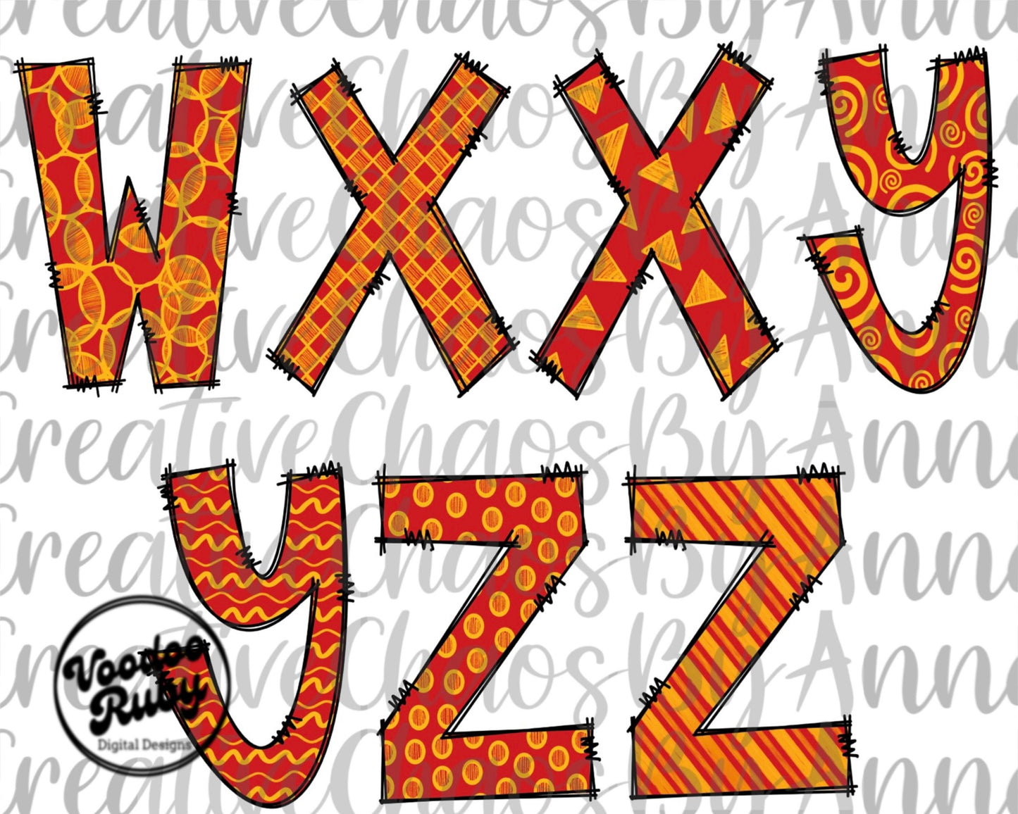 Red and Yellow Gold Doodle Letters Alphabet Bundle PNG Sublimation Hand Drawn Alphabet Alpha Pack Digital Download DTF Printable
