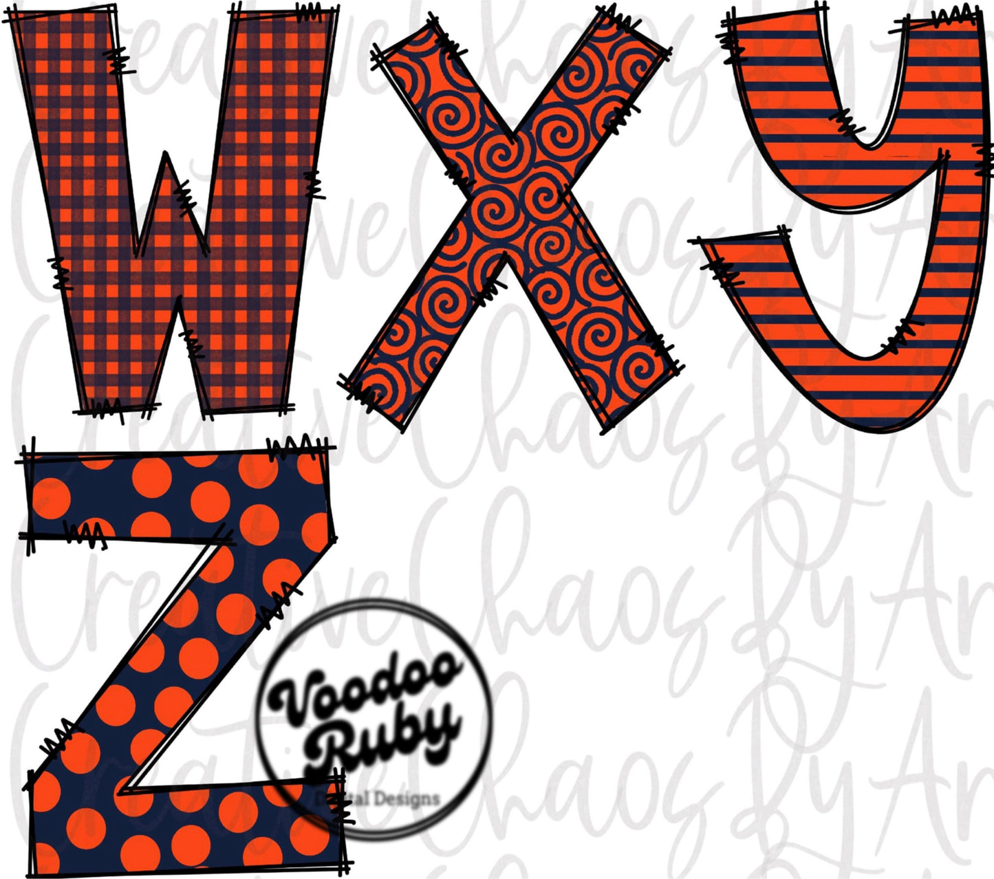 Navy Blue Orange Doodle Letters PNG Sublimation Alphabet Bundle Hand Drawn Alpha Pack Digital Design Download Football DTF Printable