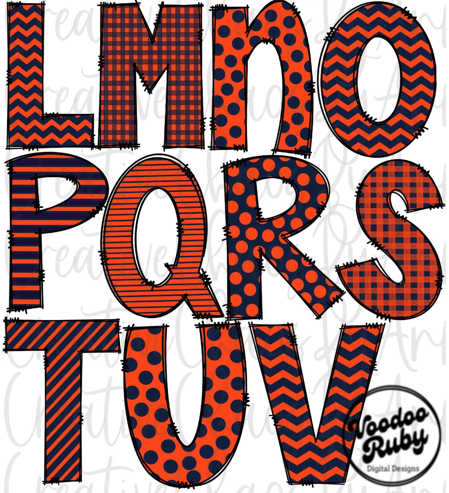 Navy Blue Orange Doodle Letters PNG Sublimation Alphabet Bundle Hand Drawn Alpha Pack Digital Design Download Football DTF Printable