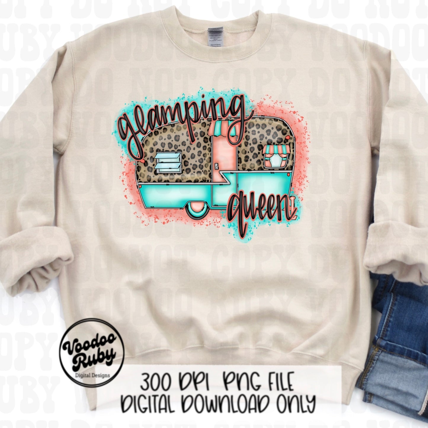 Glamping Queen PNG Design Camping PNG Hand Drawn Digital Design Download Camping Sublimation Happy Camper PNG dtf Printable Leopard Camper