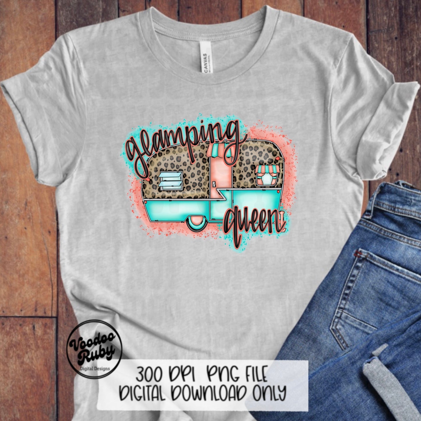 Glamping Queen PNG Design Camping PNG Hand Drawn Digital Design Download Camping Sublimation Happy Camper PNG dtf Printable Leopard Camper