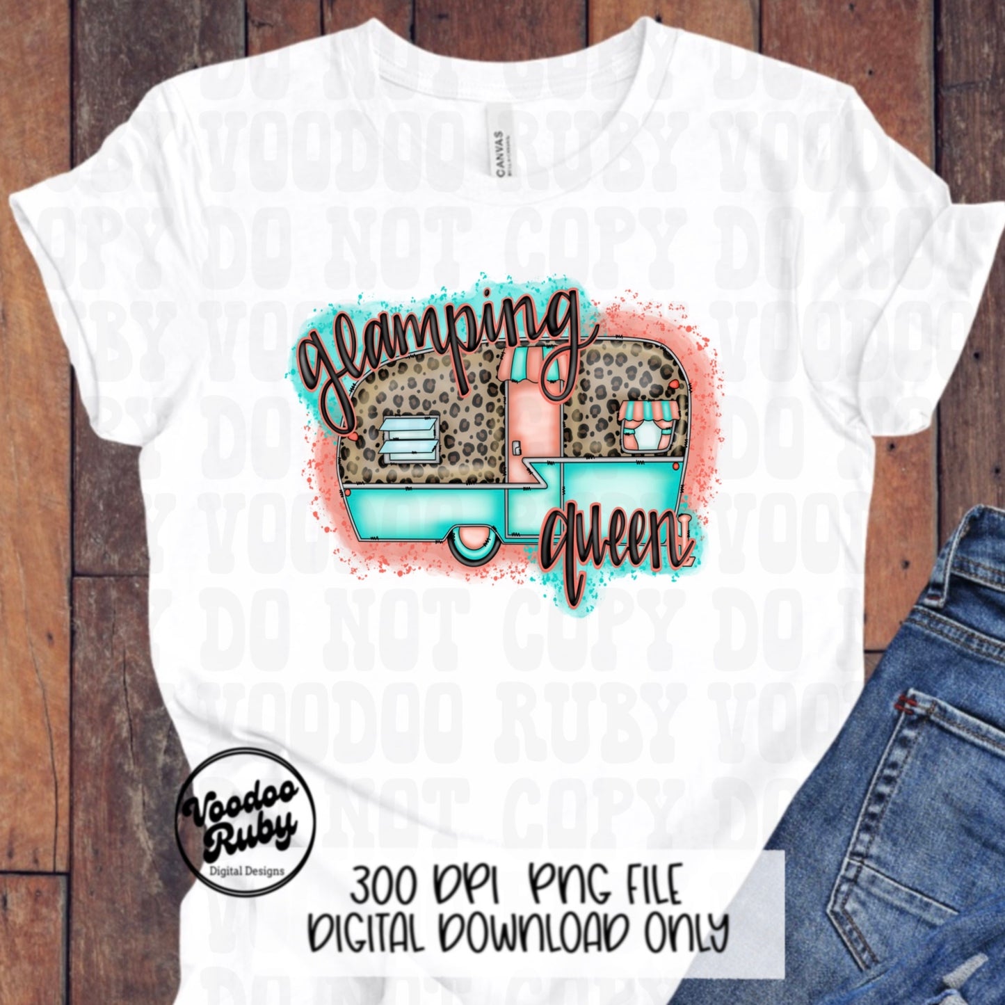 Glamping Queen PNG Design Camping PNG Hand Drawn Digital Design Download Camping Sublimation Happy Camper PNG dtf Printable Leopard Camper
