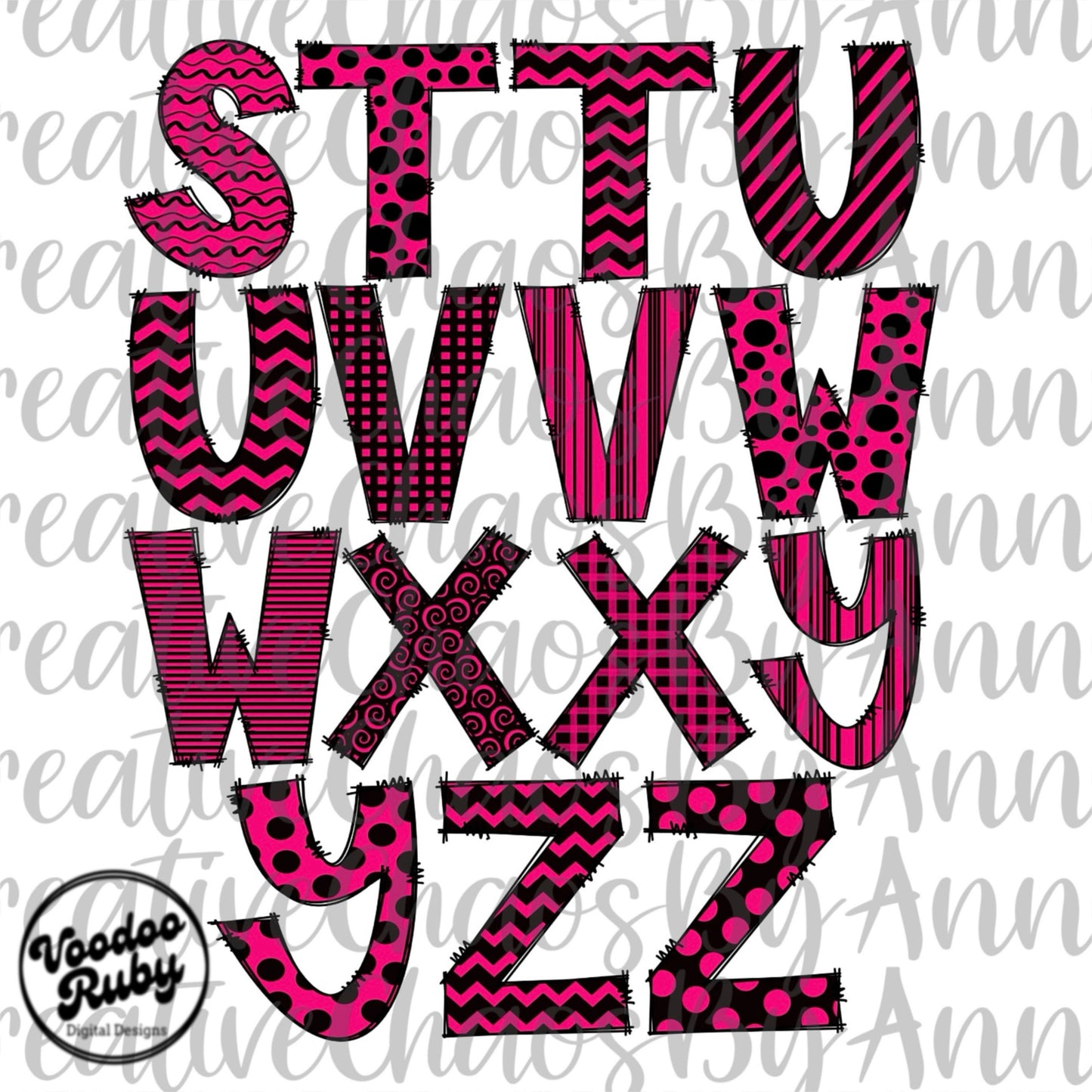 Hot Pink and Black Doodle Letters Sublimation Alphabet PNG Doodle Letters Hand Drawn Alphabet Alpha Pack Digital Download DTF Printable