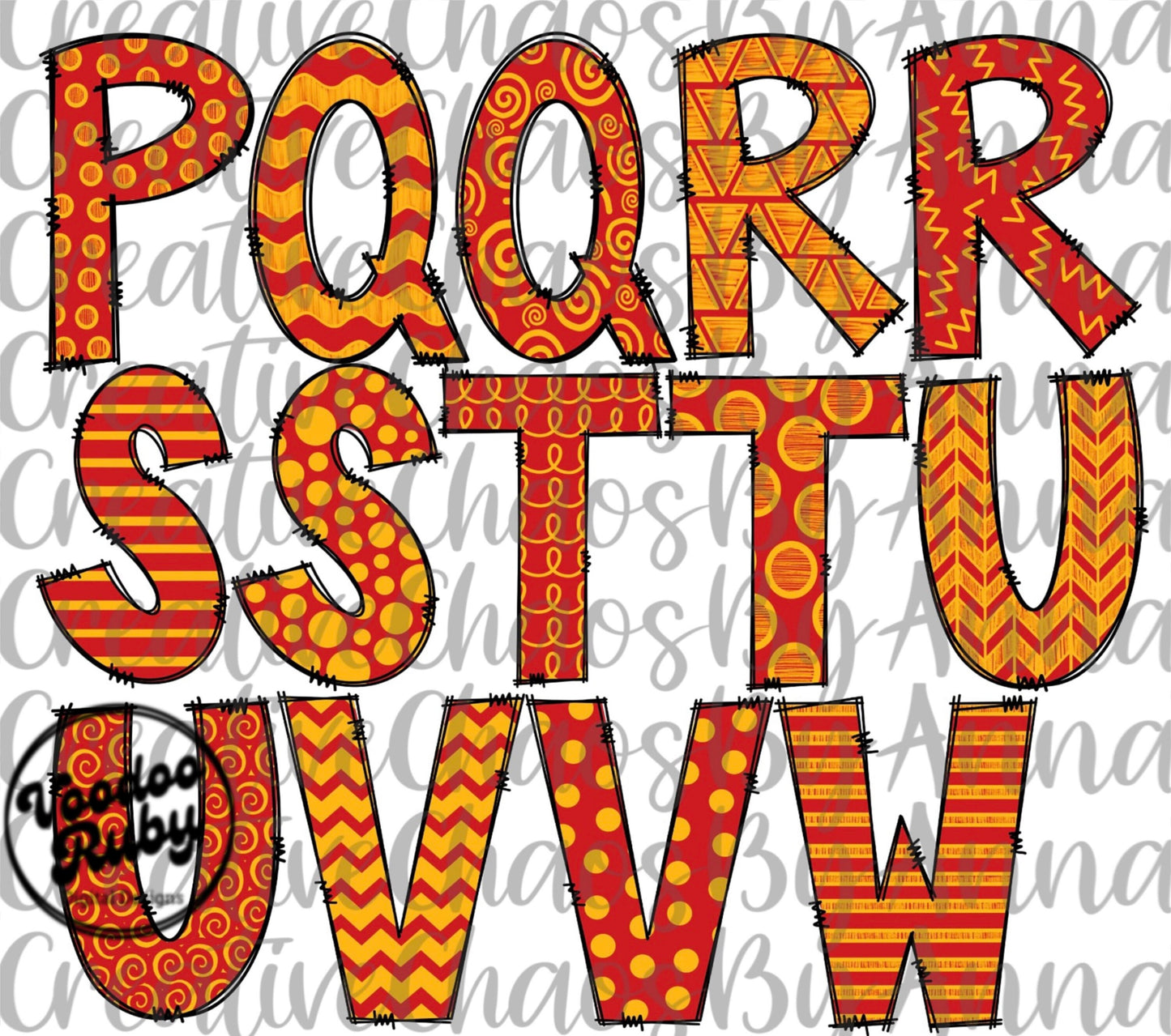 Red and Yellow Gold Doodle Letters Alphabet Bundle PNG Sublimation Hand Drawn Alphabet Alpha Pack Digital Download DTF Printable