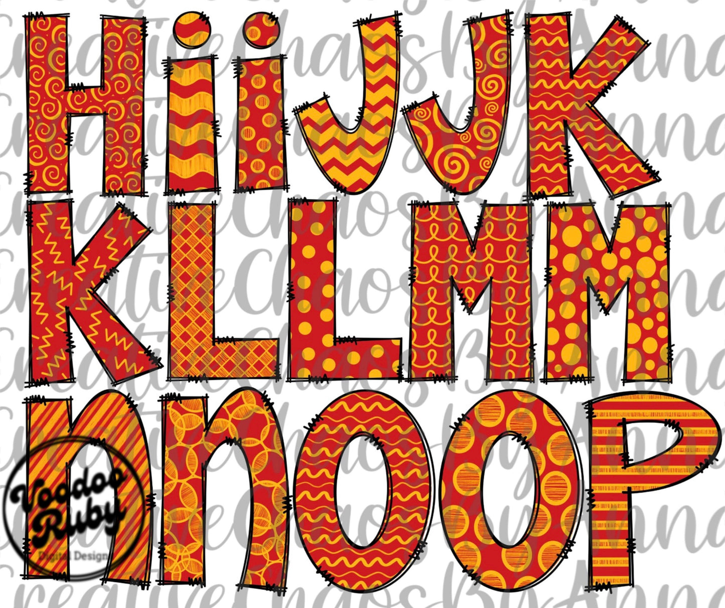 Red and Yellow Gold Doodle Letters Alphabet Bundle PNG Sublimation Hand Drawn Alphabet Alpha Pack Digital Download DTF Printable