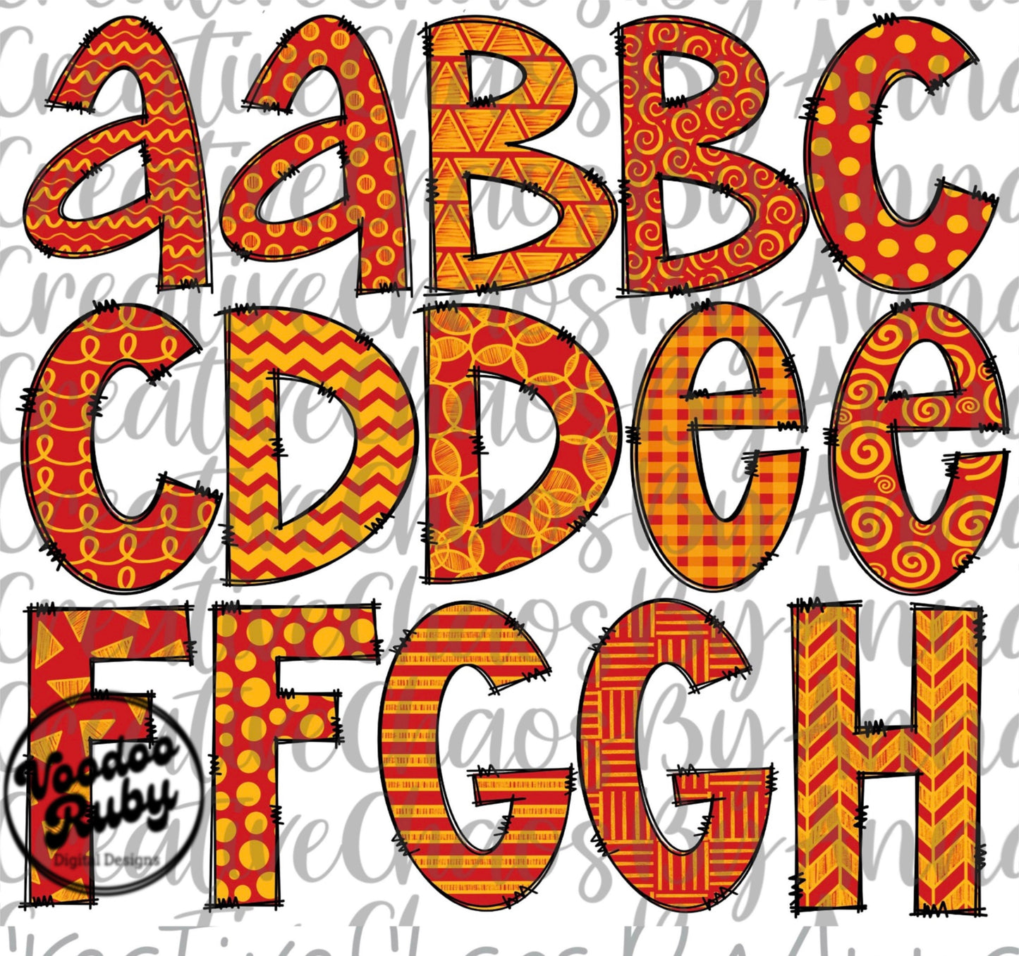 Red and Yellow Gold Doodle Letters Alphabet Bundle PNG Sublimation Hand Drawn Alphabet Alpha Pack Digital Download DTF Printable