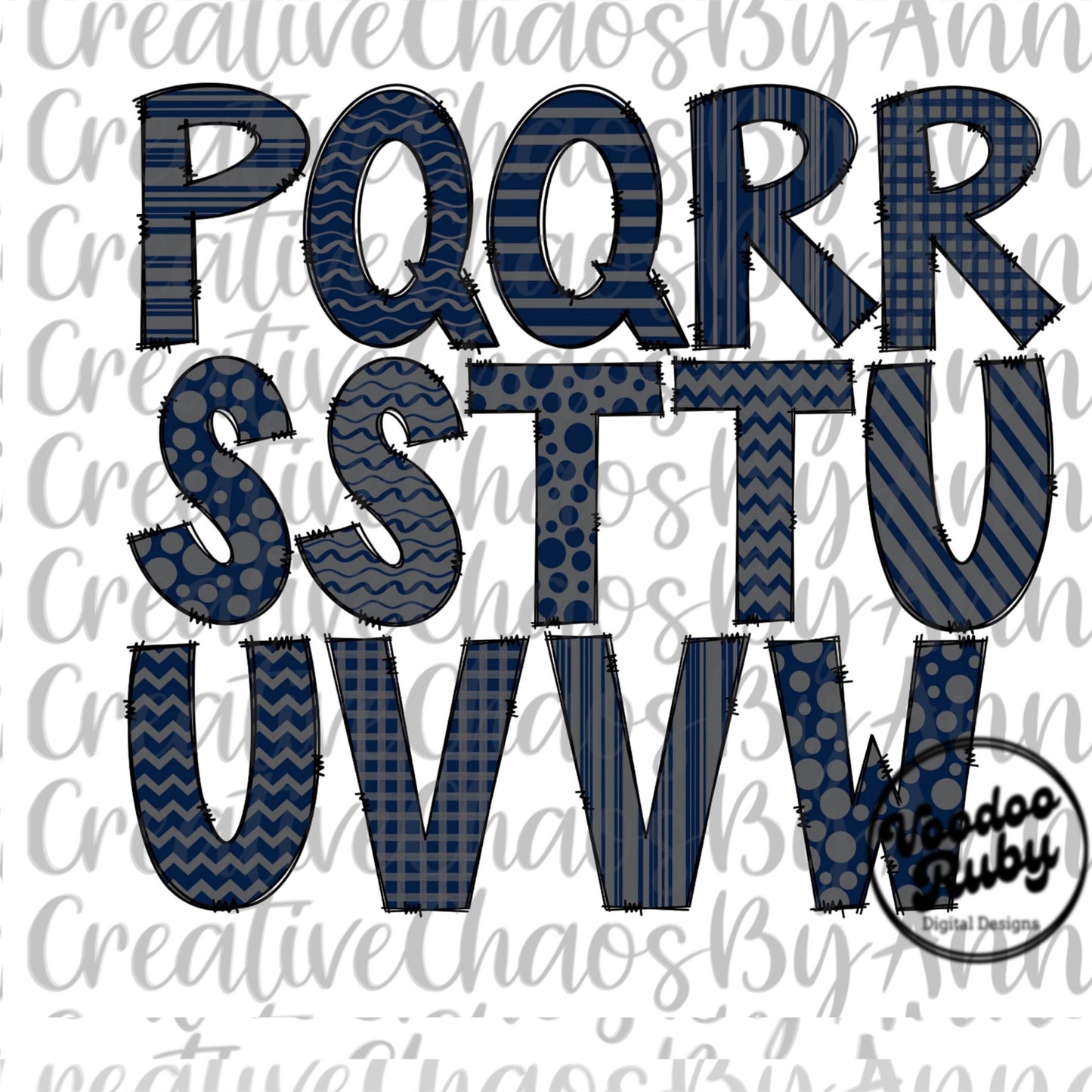 Navy Blue and Gray Doodle Letters Alphabet Bundle PNG Sublimation Hand Drawn Alpha Pack Digital Download Alphabet Digital Design PNG