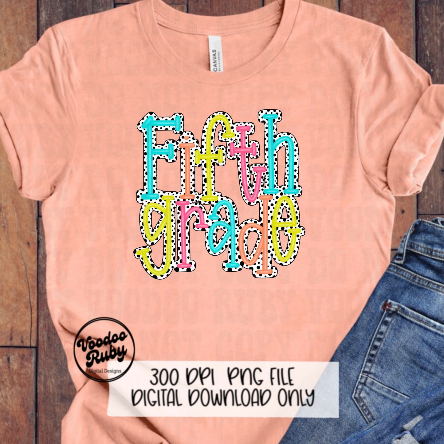 Back to School PNG Design Fifth Grade png Teacher gift Hand Drawn Digital Download Sublimation Dalmatian Dots PNG 5th grade DTF Printable