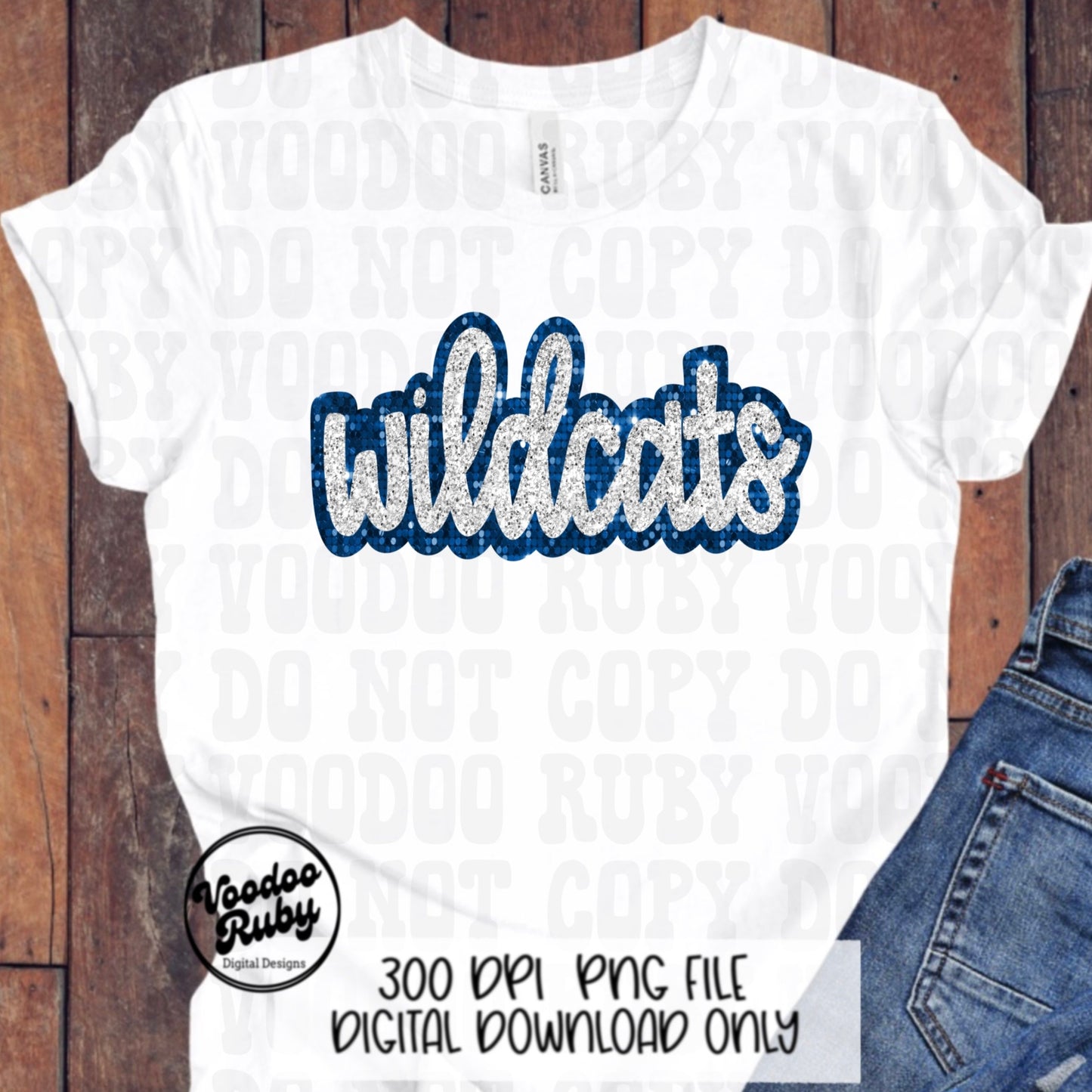 Wildcats PNG Design Hand Drawn Digital Download Sublimation Sequins Glitter Faux Sequin PNG Printable Blue Wildcats Football DTF