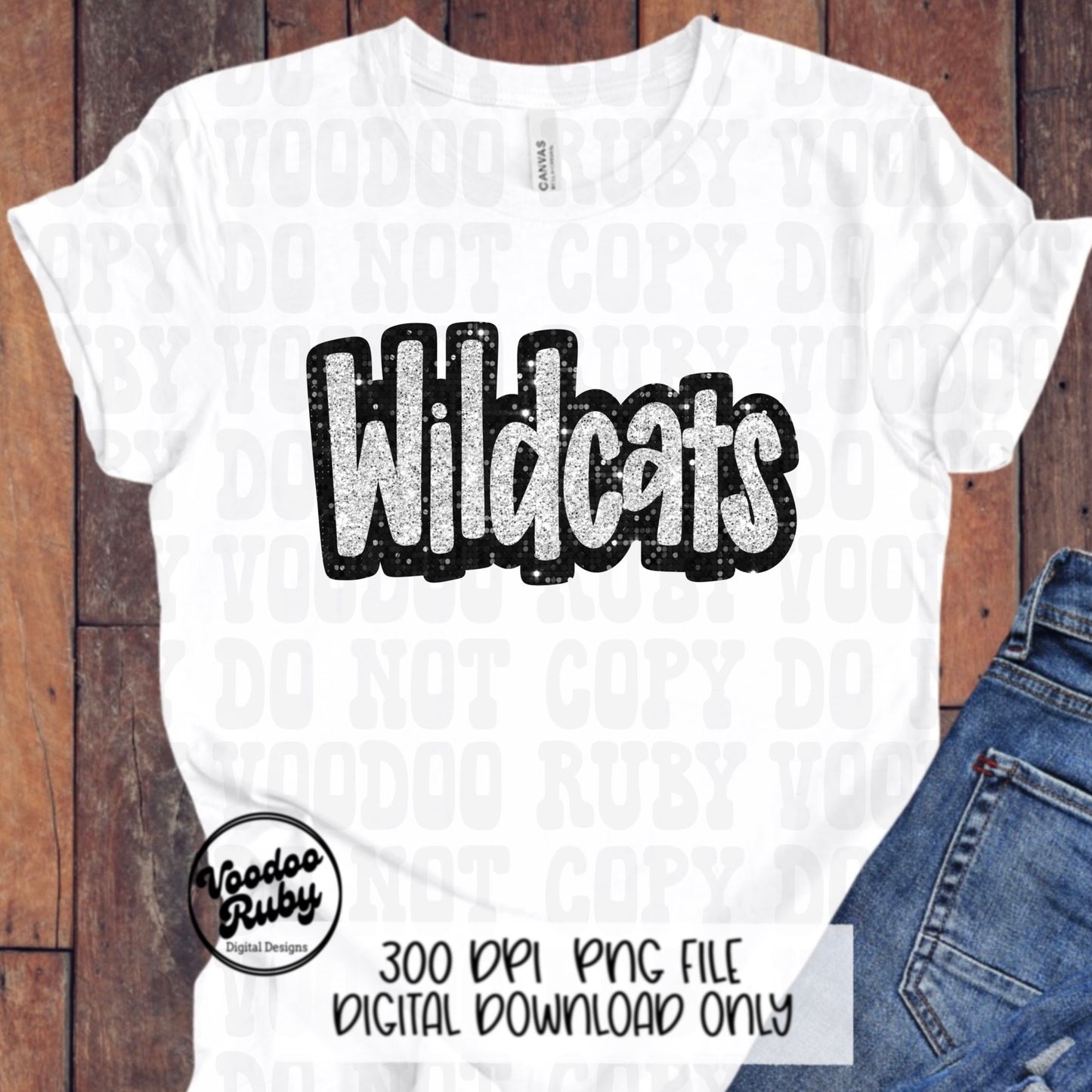 Wildcats PNG Design Hand Drawn Digital Download Sublimation Glitter Faux Sequins Patch PNG Printable Black White Silver Wildcats Mascot
