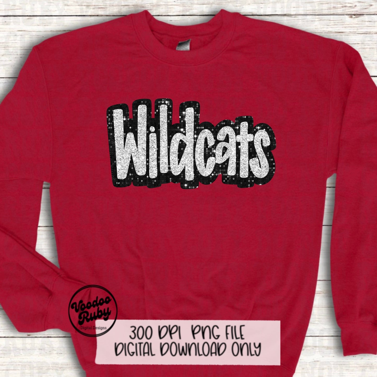 Wildcats PNG Design Hand Drawn Digital Download Sublimation Glitter Faux Sequins Patch PNG Printable Black White Silver Wildcats Mascot