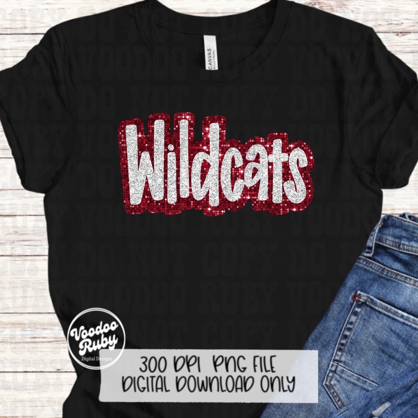 Wildcats PNG Design Hand Drawn Digital Download Sublimation Glitter Faux Sequins Patch PNG Printable Red White Silver Wildcats Mascot