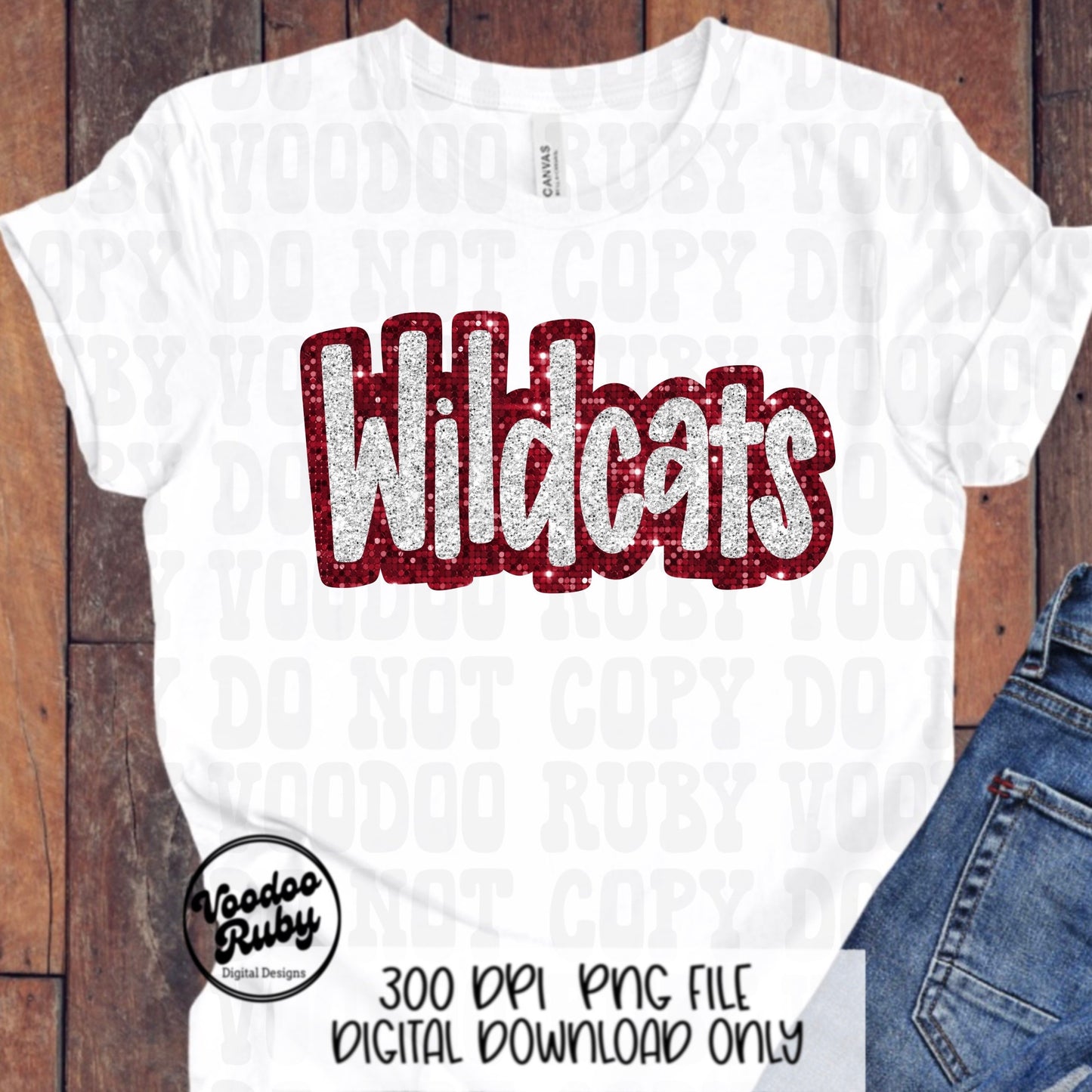 Wildcats PNG Design Hand Drawn Digital Download Sublimation Glitter Faux Sequins Patch PNG Printable Red White Silver Wildcats Mascot