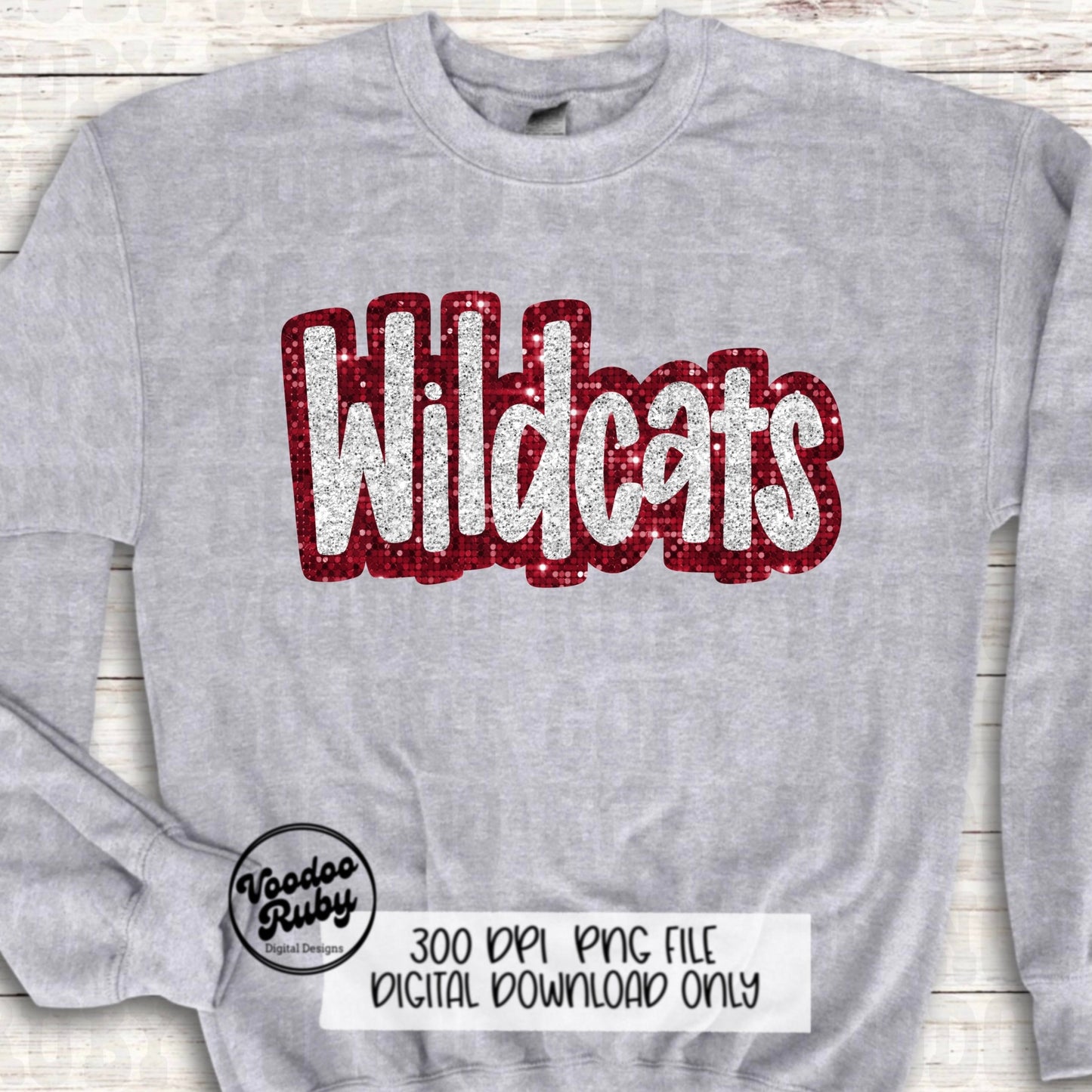 Wildcats PNG Design Hand Drawn Digital Download Sublimation Glitter Faux Sequins Patch PNG Printable Red White Silver Wildcats Mascot
