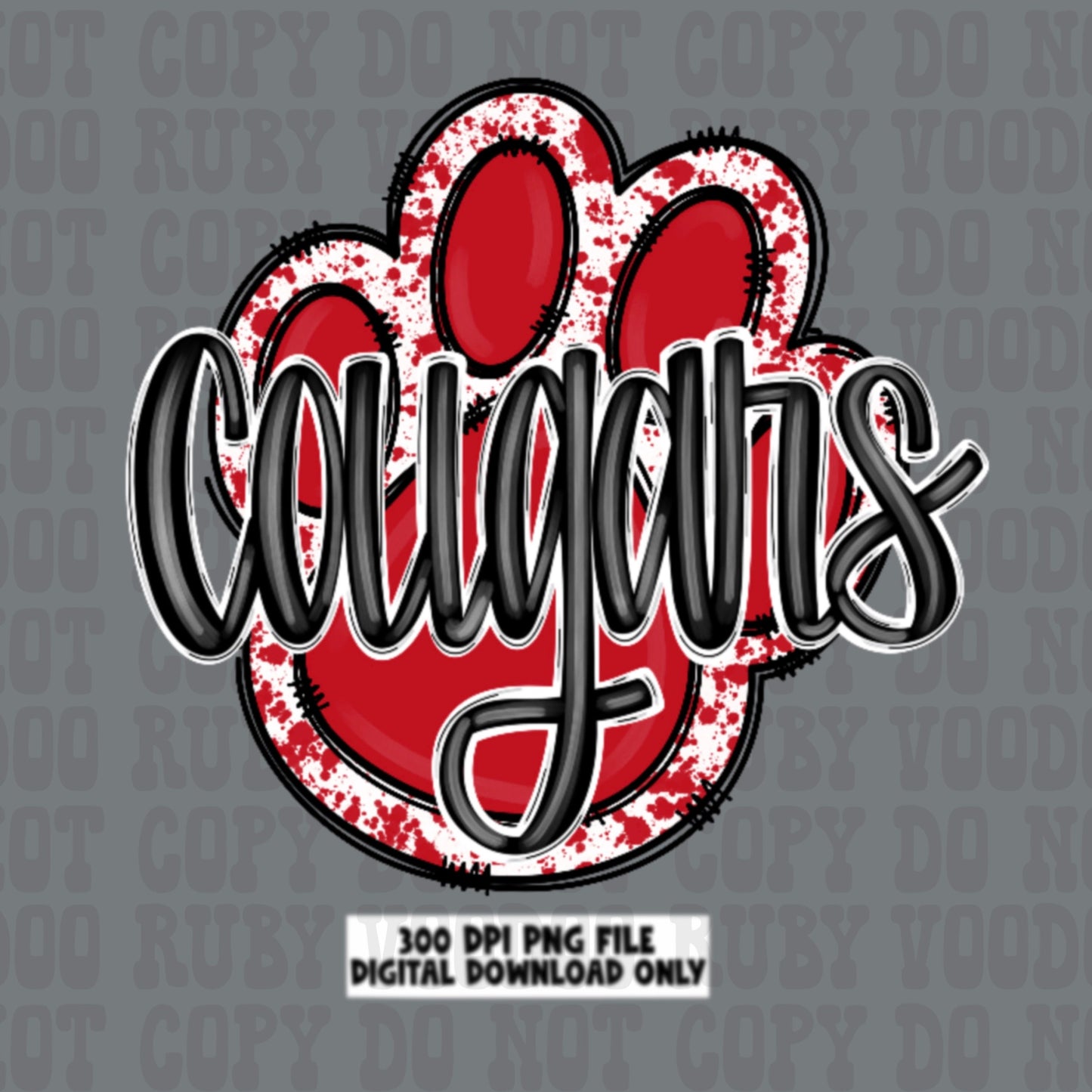 Cougars Paw Print PNG Sublimation Design Hand Drawn Digital Download Football PNG Red Paw Print Mascot png DTF Printable