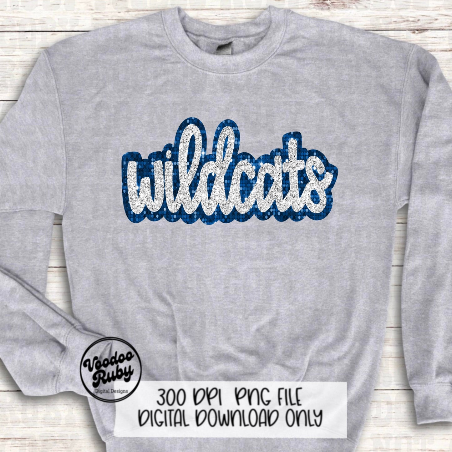 Wildcats PNG Design Hand Drawn Digital Download Sublimation Sequins Glitter Faux Sequin PNG Printable Blue Wildcats Football DTF