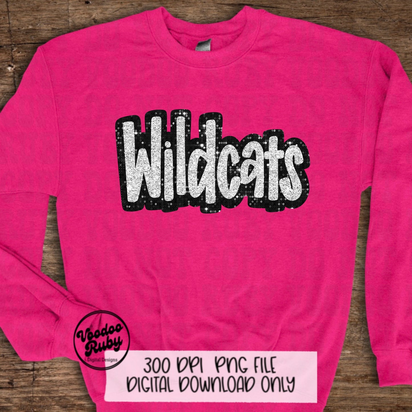 Wildcats PNG Design Hand Drawn Digital Download Sublimation Glitter Faux Sequins Patch PNG Printable Black White Silver Wildcats Mascot