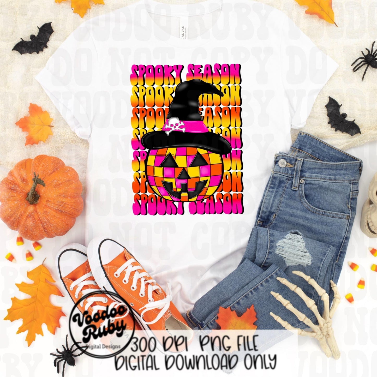 Spooky Season PNG Design Halloween Sublimation Hand Drawn Digital Download Disco Ball Pumpkin Witch Trendy DTF Printable Retro Font