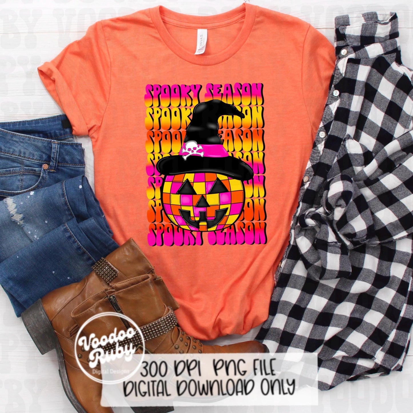 Spooky Season PNG Design Halloween Sublimation Hand Drawn Digital Download Disco Ball Pumpkin Witch Trendy DTF Printable Retro Font