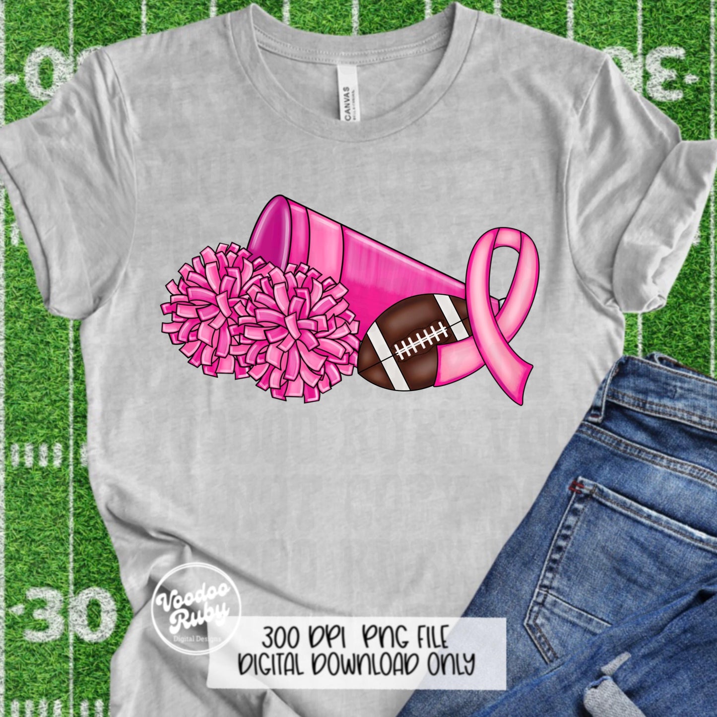 Cheer Pink Awareness Ribbon PNG Sublimation Design Hand Drawn Digital Download Football PNG Cheerleader Clip Art Printable DTF Pink October