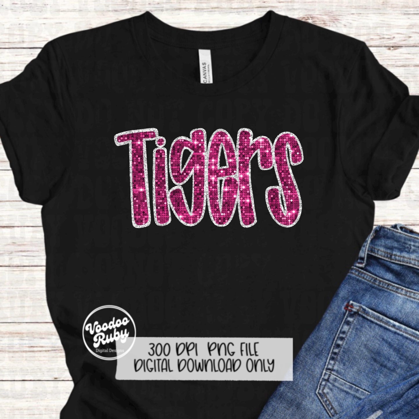 Pink Tigers PNG Sequin Design Sublimation Hand Drawn Digital Download Faux Sequins Patch PNG Printable Appliqué Tigers Football DTF October