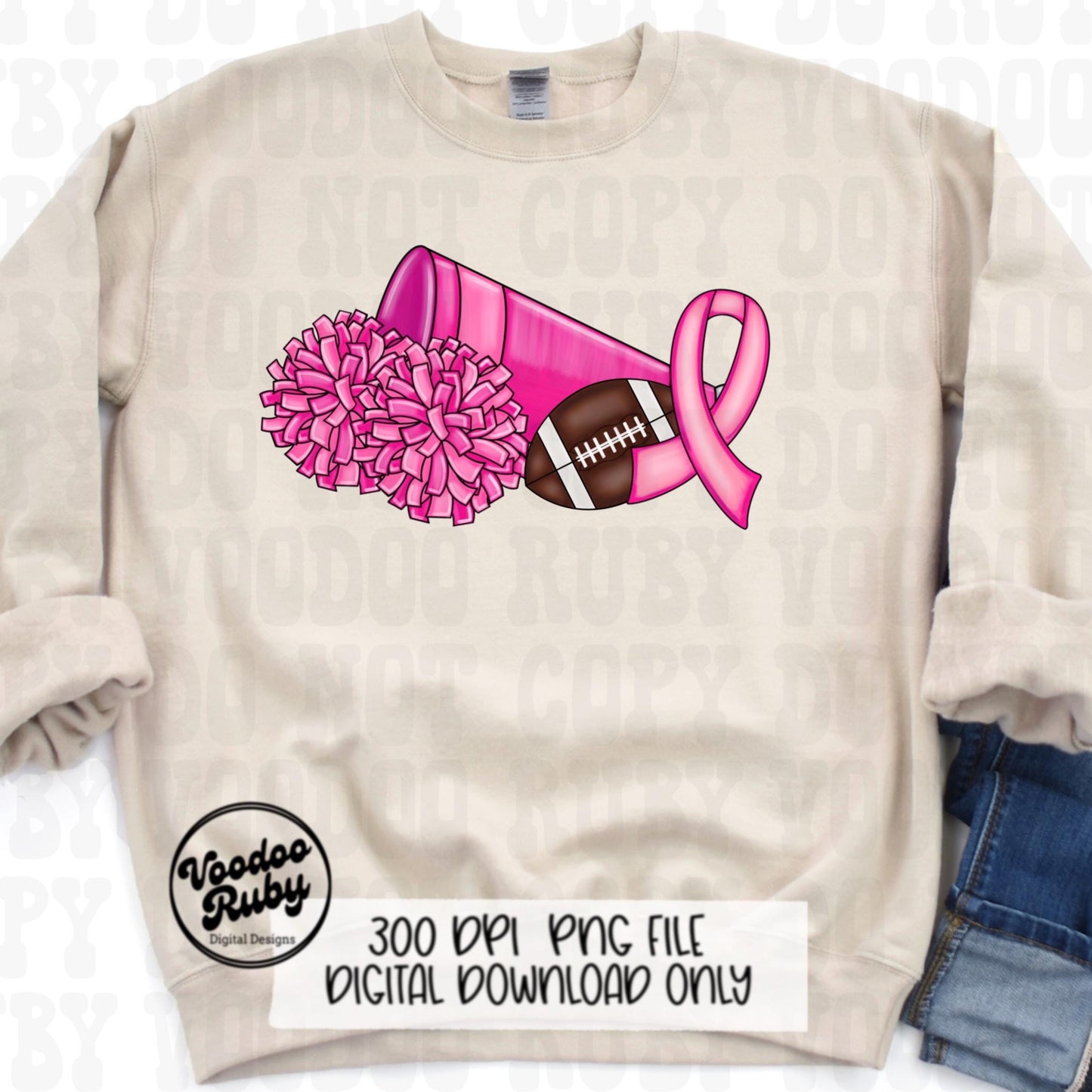 Cheer Pink Awareness Ribbon PNG Sublimation Design Hand Drawn Digital Download Football PNG Cheerleader Clip Art Printable DTF Pink October
