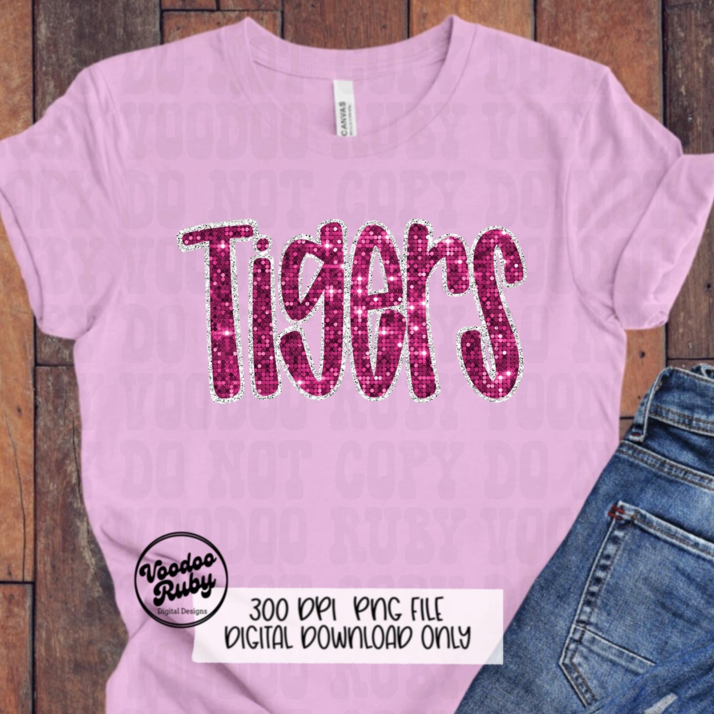Pink Tigers PNG Sequin Design Sublimation Hand Drawn Digital Download Faux Sequins Patch PNG Printable Appliqué Tigers Football DTF October