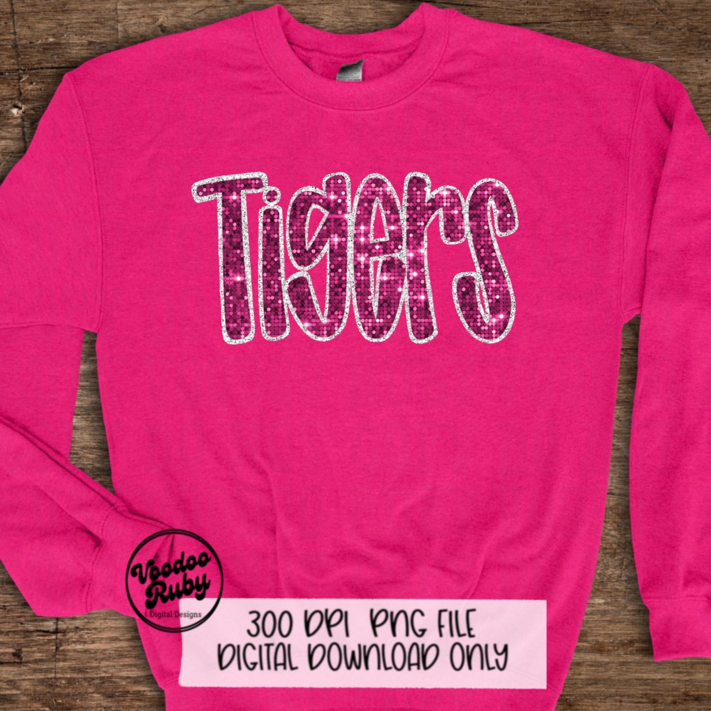 Pink Tigers PNG Sequin Design Sublimation Hand Drawn Digital Download Faux Sequins Patch PNG Printable Appliqué Tigers Football DTF October