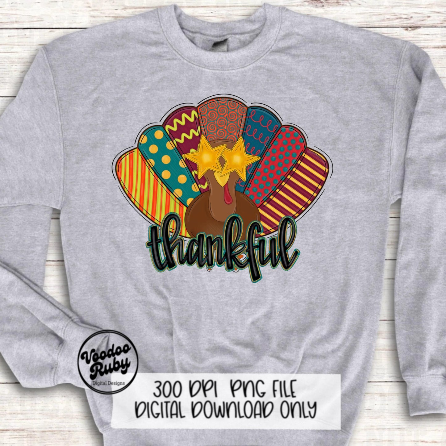 Thankful PNG Turkey Design Sublimation Hand Drawn Digital Download Preppy Turkey PNG Colorful Thanksgiving DTF Printable Thankful Clip Art