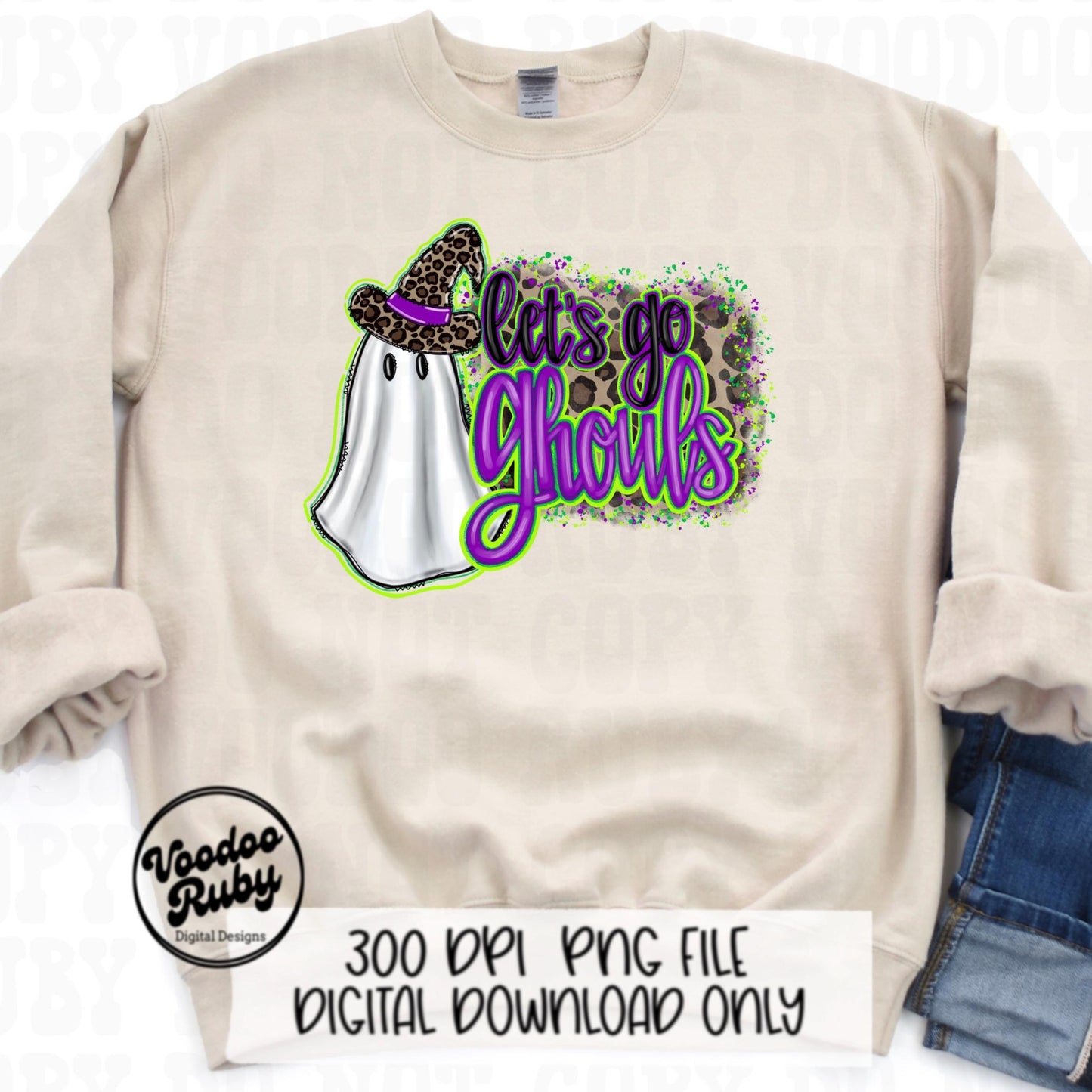 Let’s Go Ghouls PNG Sublimation Hand Drawn Digital Download Halloween PNG Witch Ghost Leopard Ghost DTF Printable