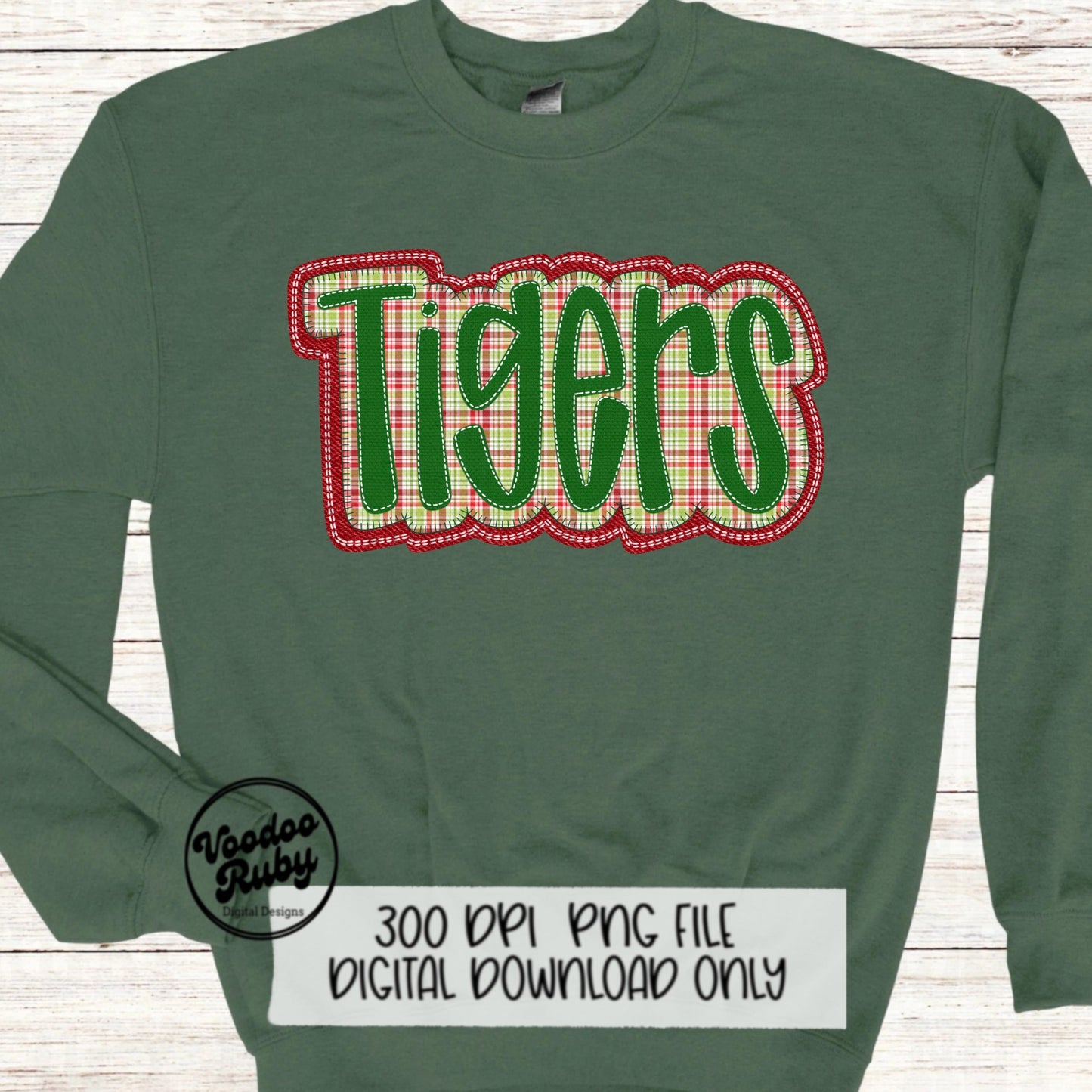 Christmas Tigers PNG Design Sublimation Hand Drawn Digital Download Faux Embroidery PNG Christmas Mascot Red Green Tigers DTF Printable