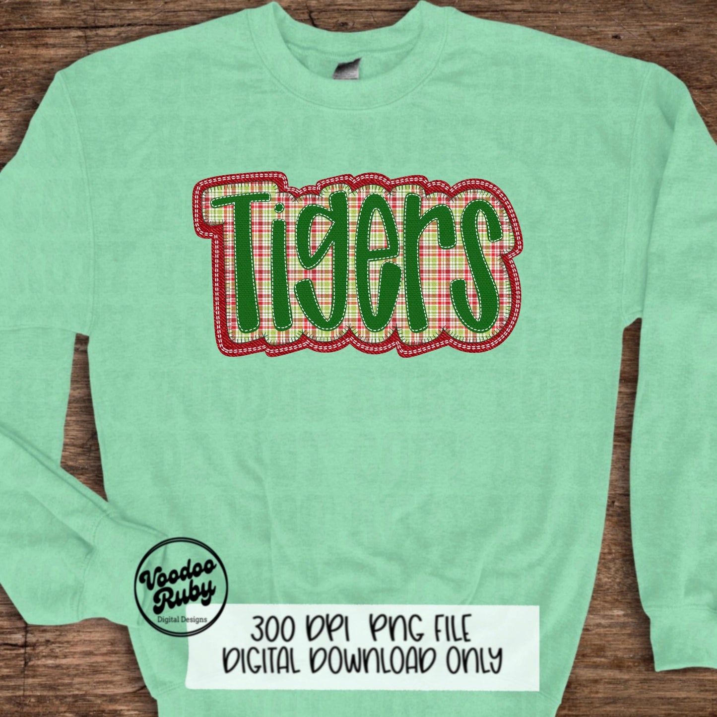 Christmas Tigers PNG Design Sublimation Hand Drawn Digital Download Faux Embroidery PNG Christmas Mascot Red Green Tigers DTF Printable
