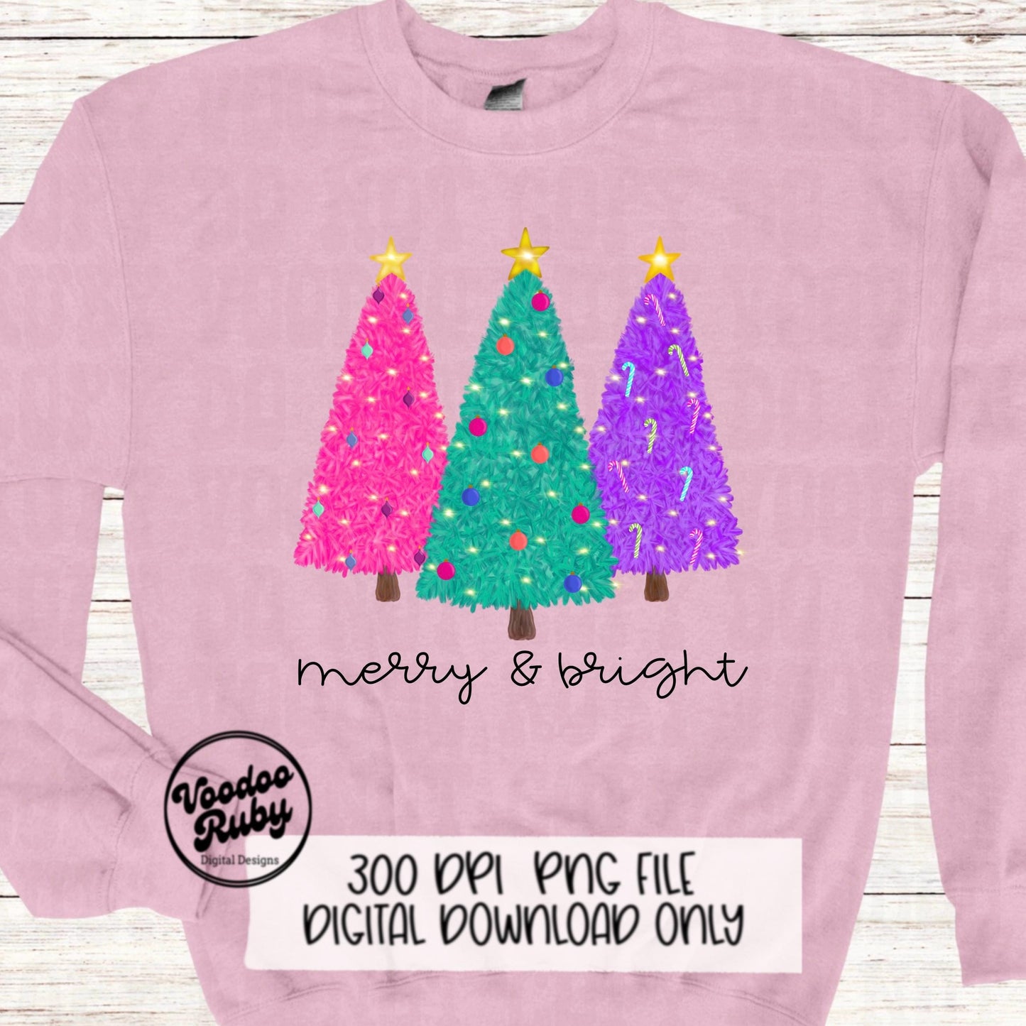 Merry and Bright PNG Design Sublimation Hand Drawn Digital Download Christmas Trees PNG Merry Christmas DTF Printable