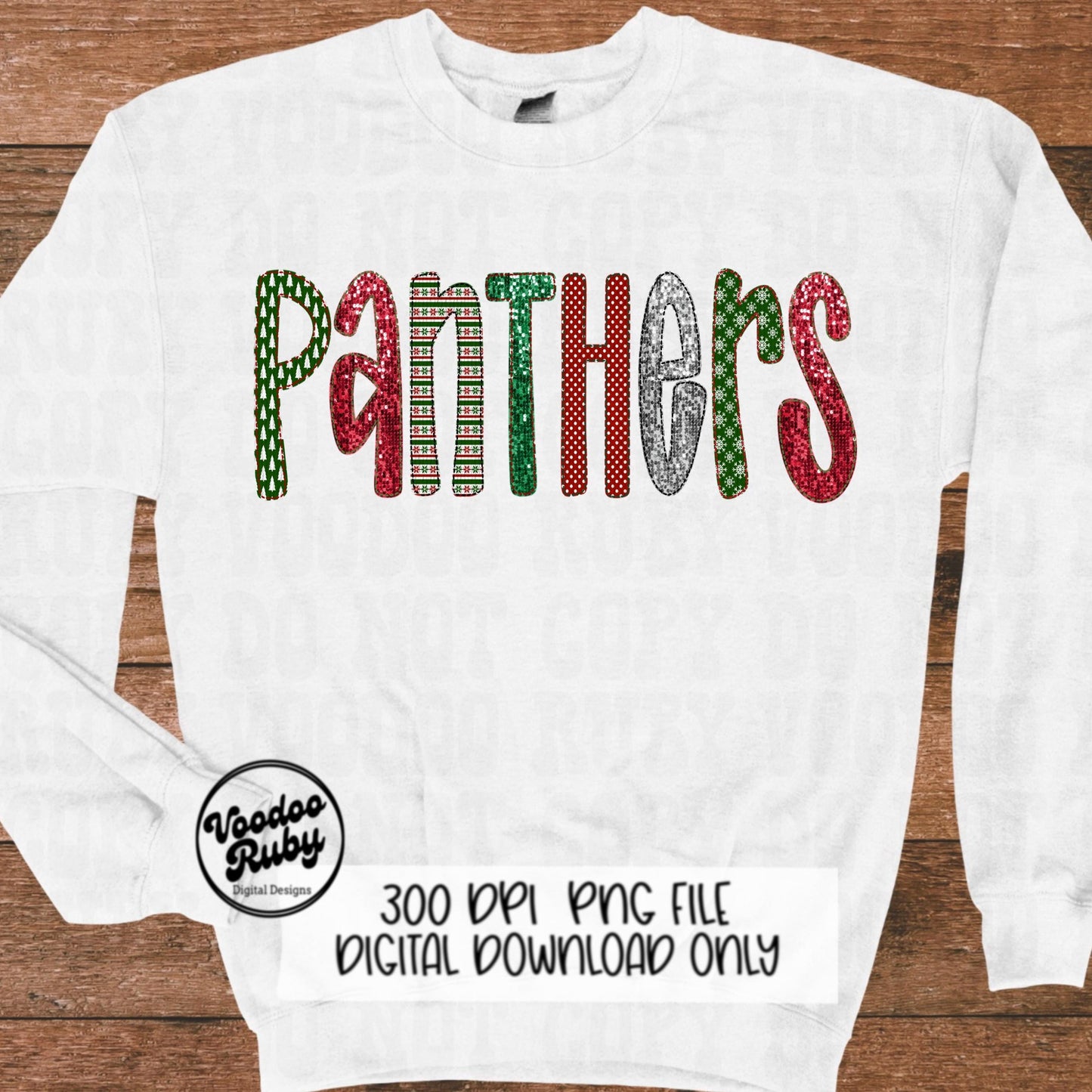 Christmas Panthers PNG Design Sublimation Digital Download Faux Embroidery PNG Faux Sequins Christmas Mascot Panthers DTF Printable