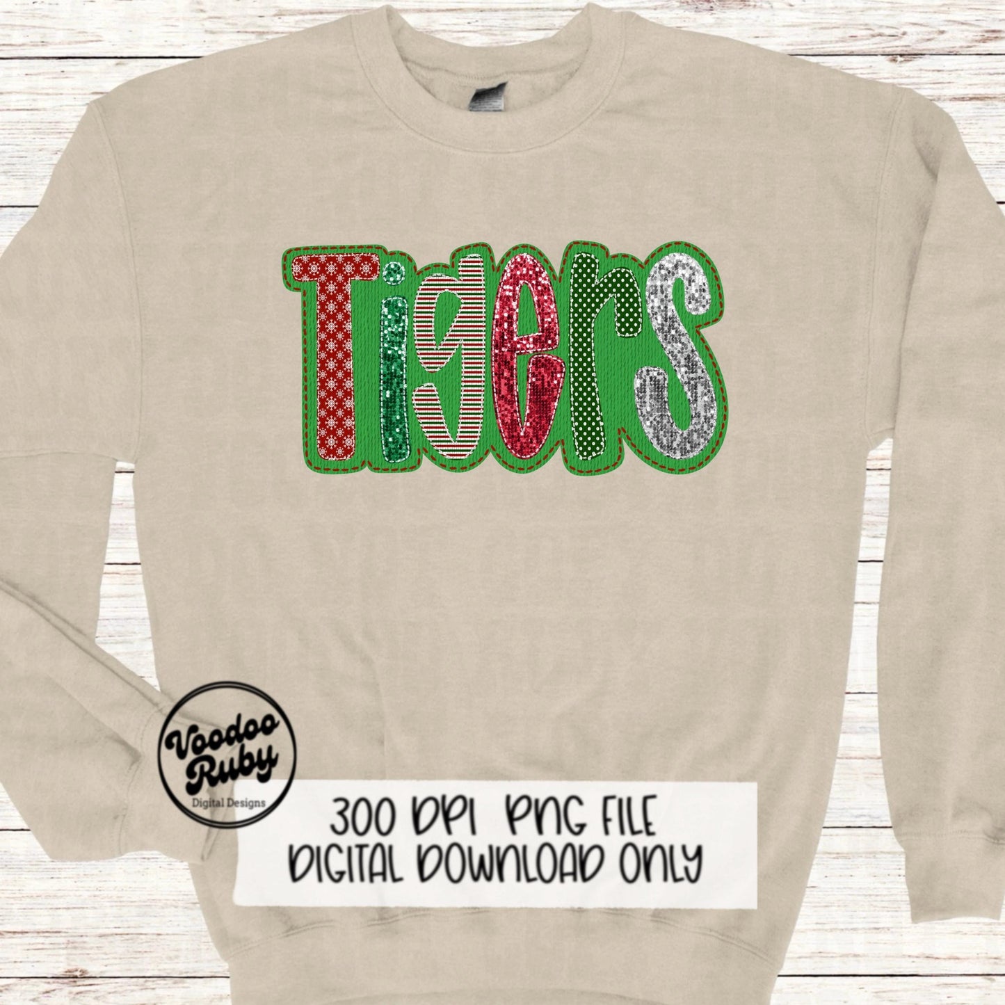 Christmas Tigers PNG Design Sublimation Faux Embroidery PNG Hand Drawn Digital Download Christmas Mascot Faux Sequin Tigers DTF Printable
