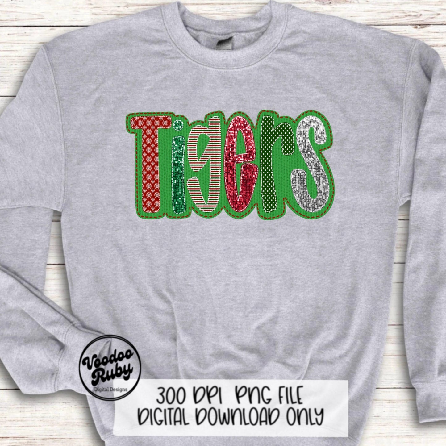 Christmas Tigers PNG Design Sublimation Faux Embroidery PNG Hand Drawn Digital Download Christmas Mascot Faux Sequin Tigers DTF Printable
