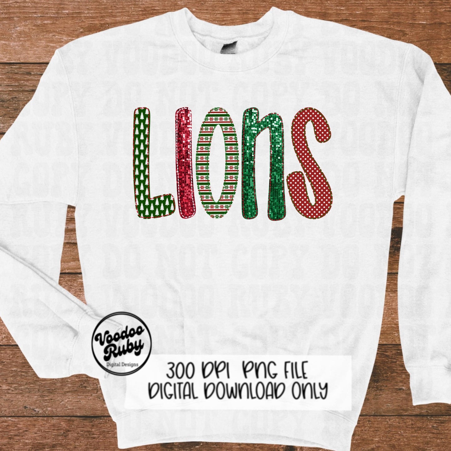 Christmas Lions PNG Design Sublimation Digital Download Faux Embroidery PNG Faux Sequins Christmas Mascot Lions DTF Printable