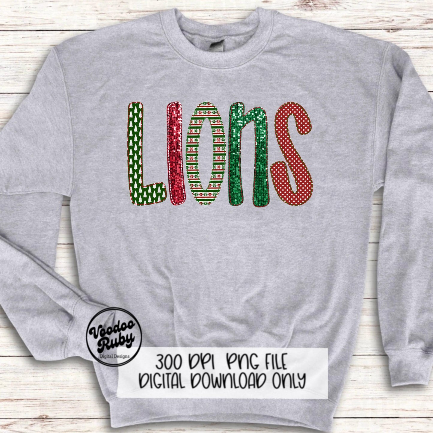 Christmas Lions PNG Design Sublimation Digital Download Faux Embroidery PNG Faux Sequins Christmas Mascot Lions DTF Printable
