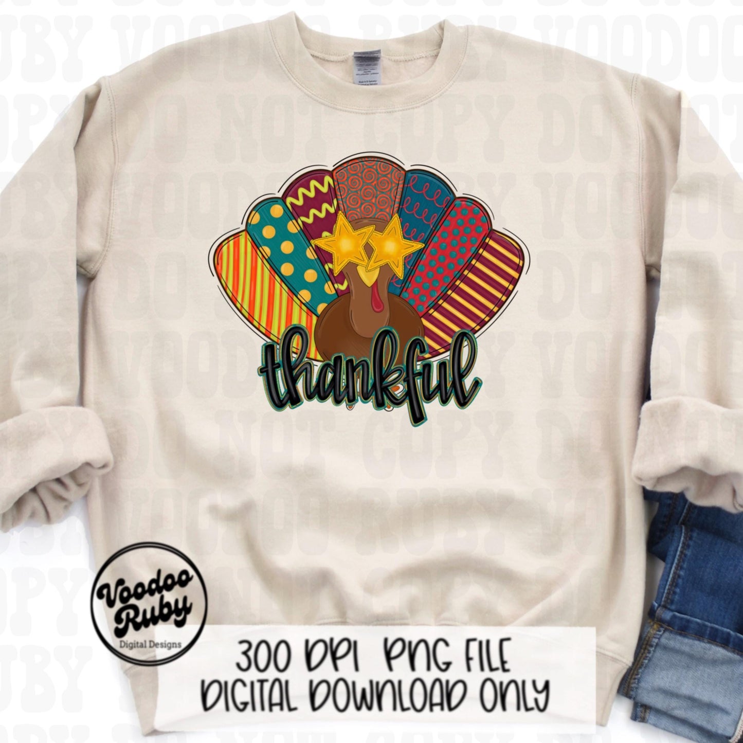Thankful PNG Turkey Design Sublimation Hand Drawn Digital Download Preppy Turkey PNG Colorful Thanksgiving DTF Printable Thankful Clip Art