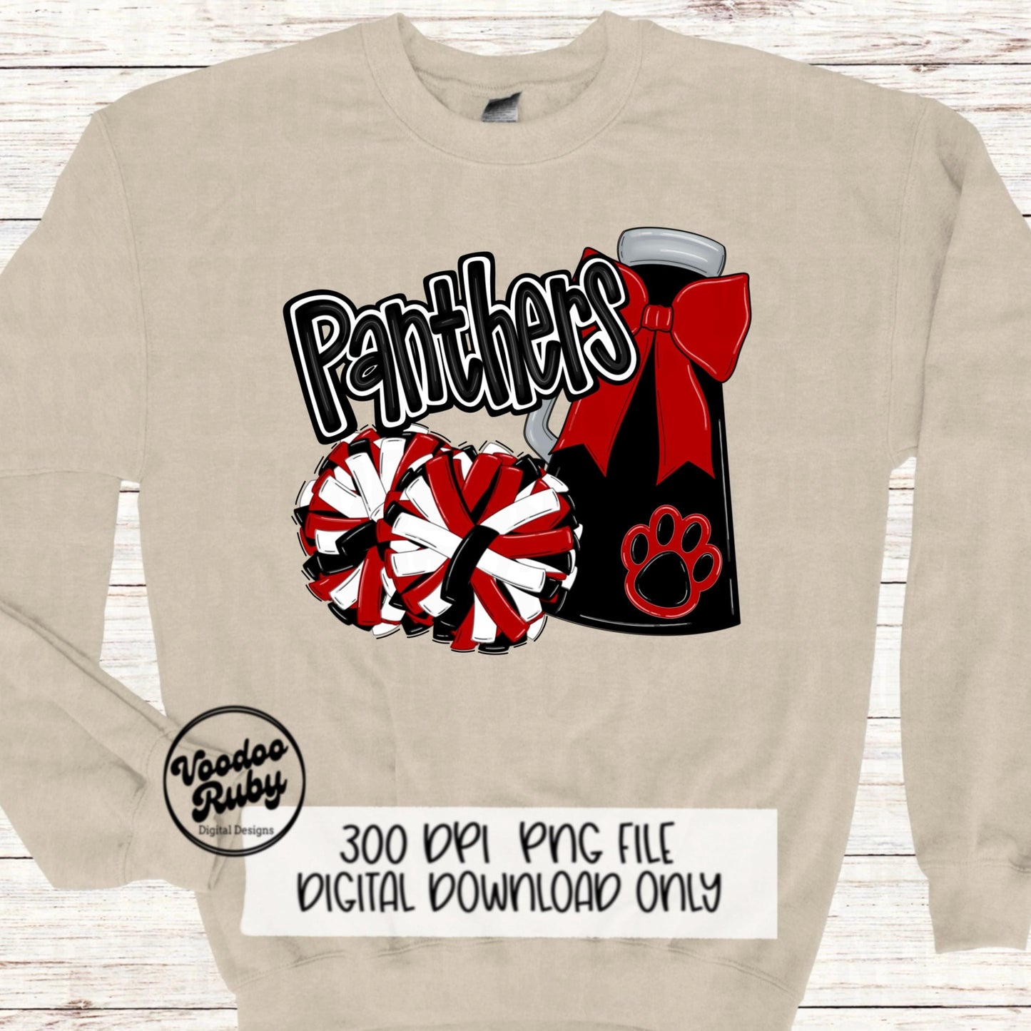 Red and Black Cheer PNG Design Sublimation Hand Drawn Digital Download Red Black Cheer Megaphone png Cheerleader Clip Art DTF Printable