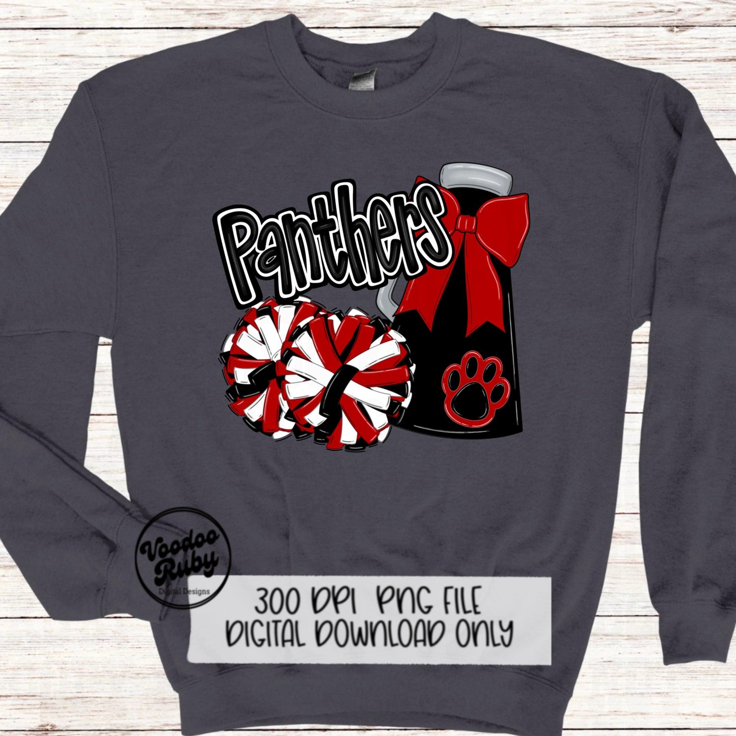 Red and Black Cheer PNG Design Sublimation Hand Drawn Digital Download Red Black Cheer Megaphone png Cheerleader Clip Art DTF Printable